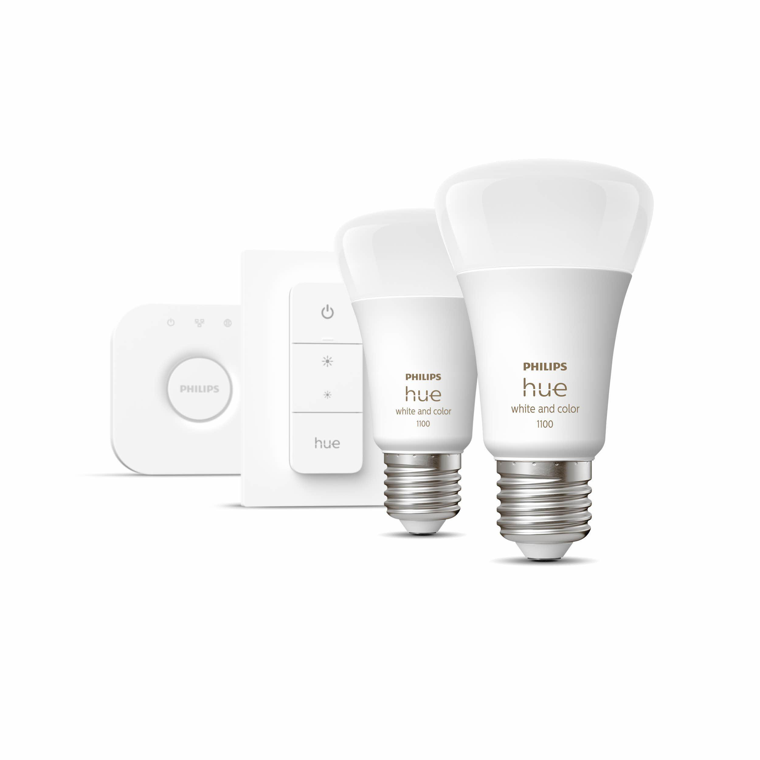 Philips Hue Smart-Beleuchtungsset mit Bridge und zwei farbigen Glühbirnen.