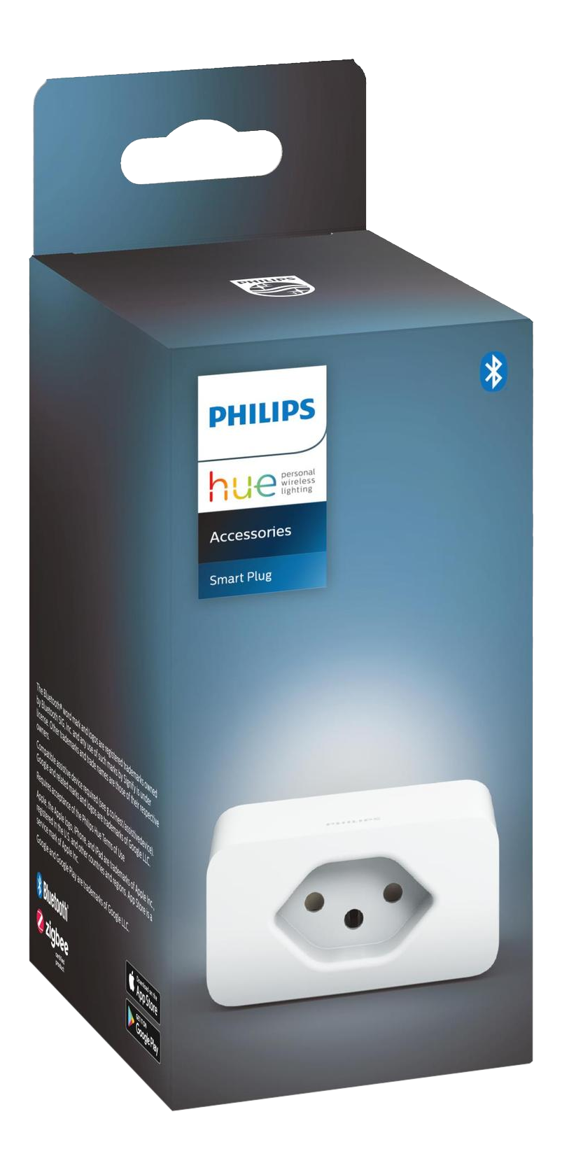 Prise intelligente Philips Hue dans sa boîte. Prise blanche, logo bleu. Photo du produit.