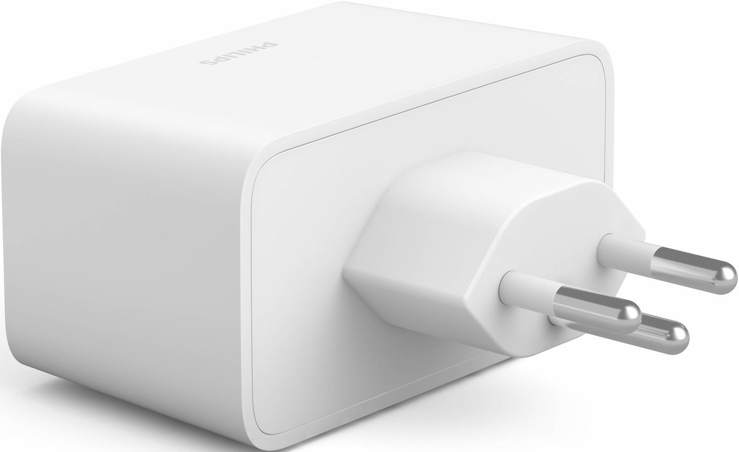 Adaptateur secteur Philips blanc avec deux broches argentées. Il est sur fond blanc.