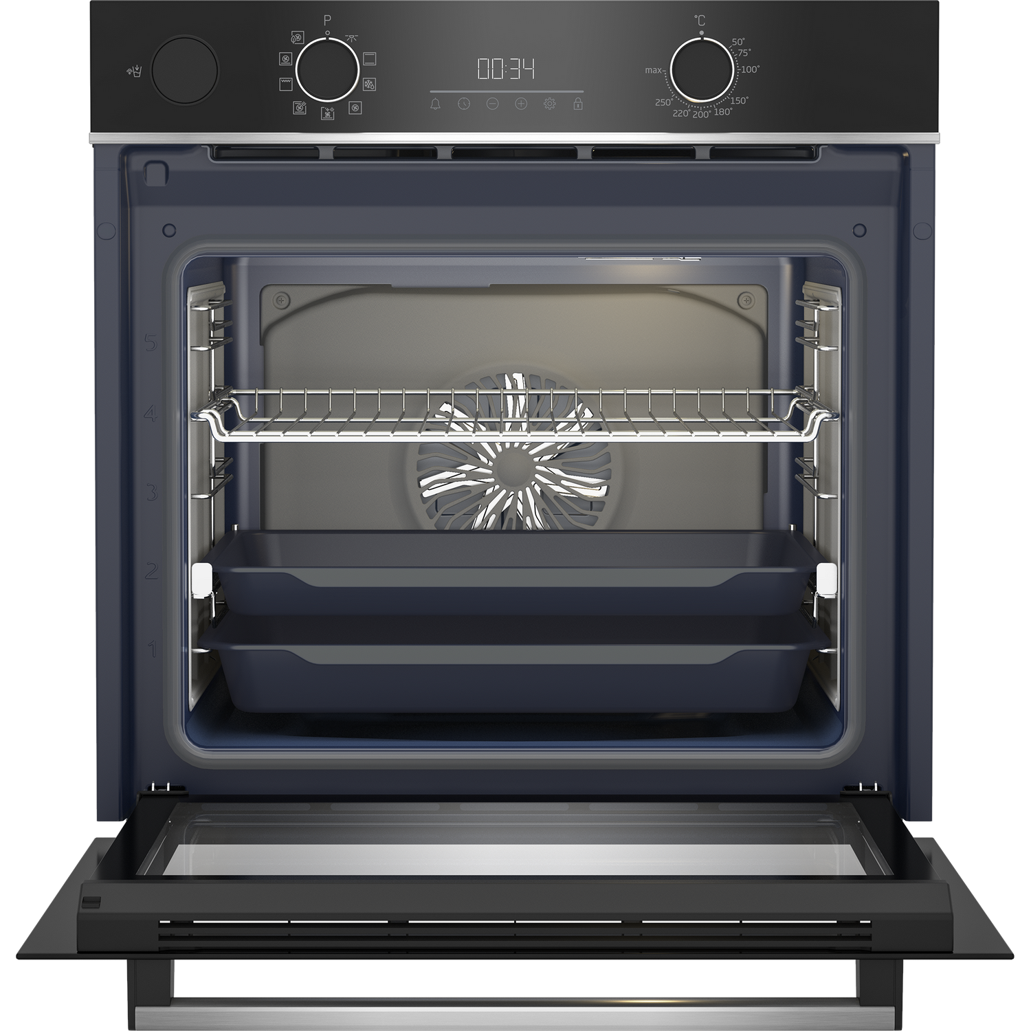 Un horno con la puerta abierta, mostrando rejillas, bandejas y detalles interiores del aparato.