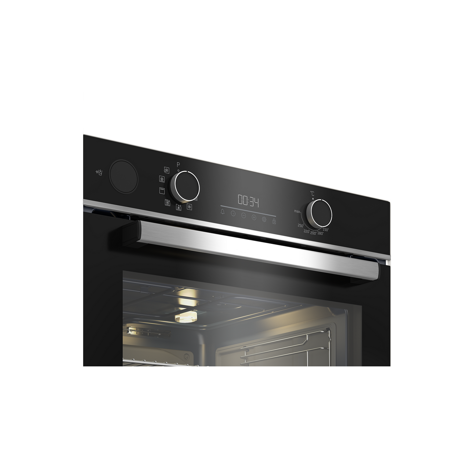 Primer plano del panel de control de un horno negro con perillas y pantalla.