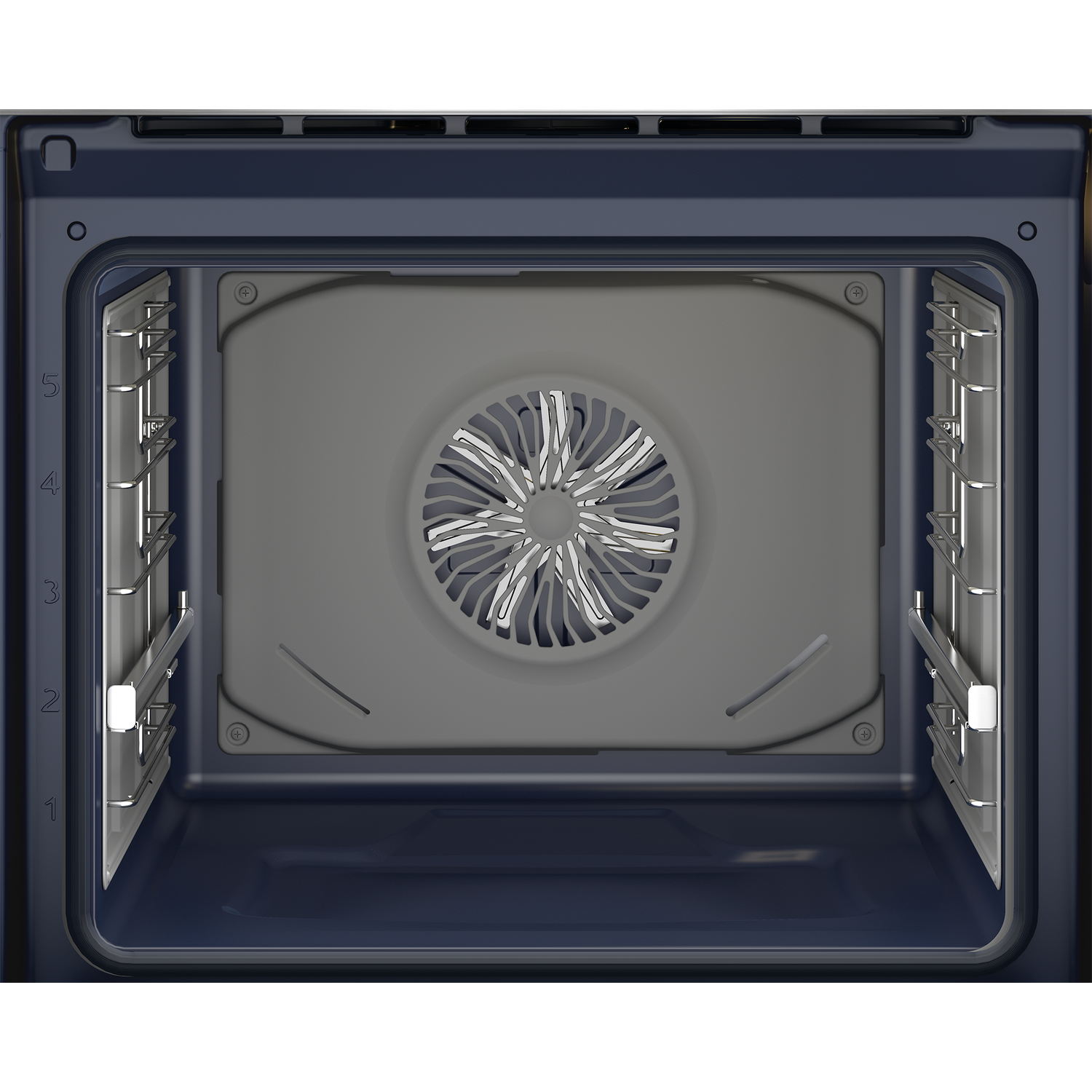 Interior de un horno negro. El horno tiene un ventilador en el medio. Las paredes del horno son azul oscuro.