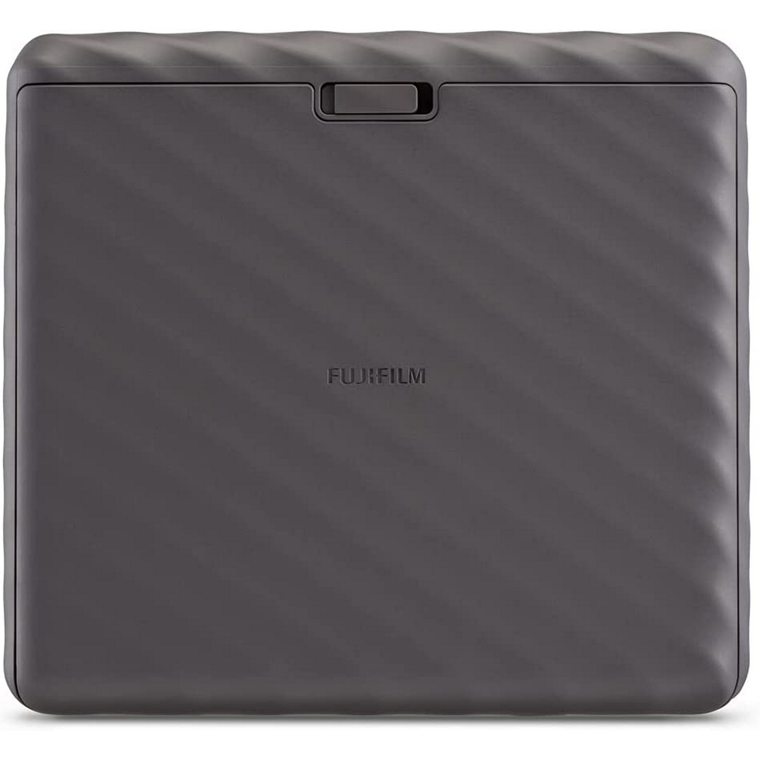Una funda de impresora Fujifilm gris y rectangular con asa en la parte superior.