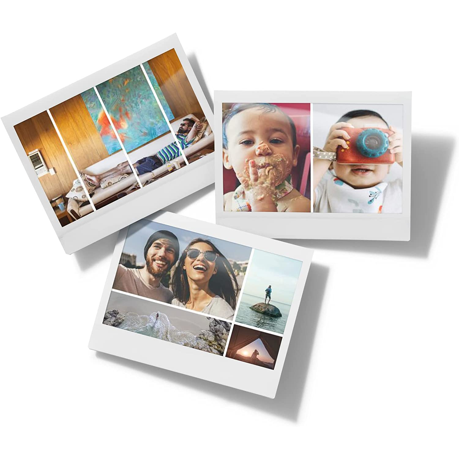 Tres fotos Polaroid con diferentes imágenes: personas, un niño y paisajes.