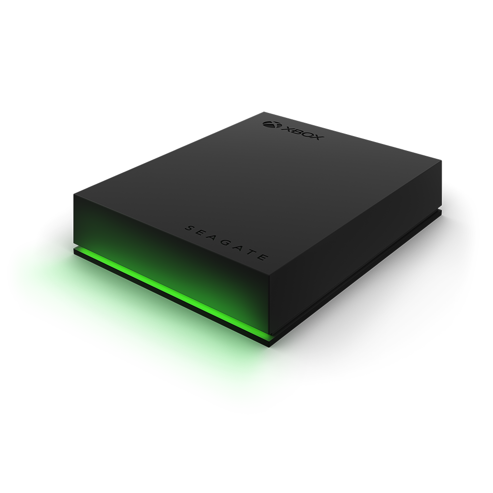Zwarte Seagate externe harde schijf met groen licht. Het XBOX-logo is zichtbaar aan de bovenkant.