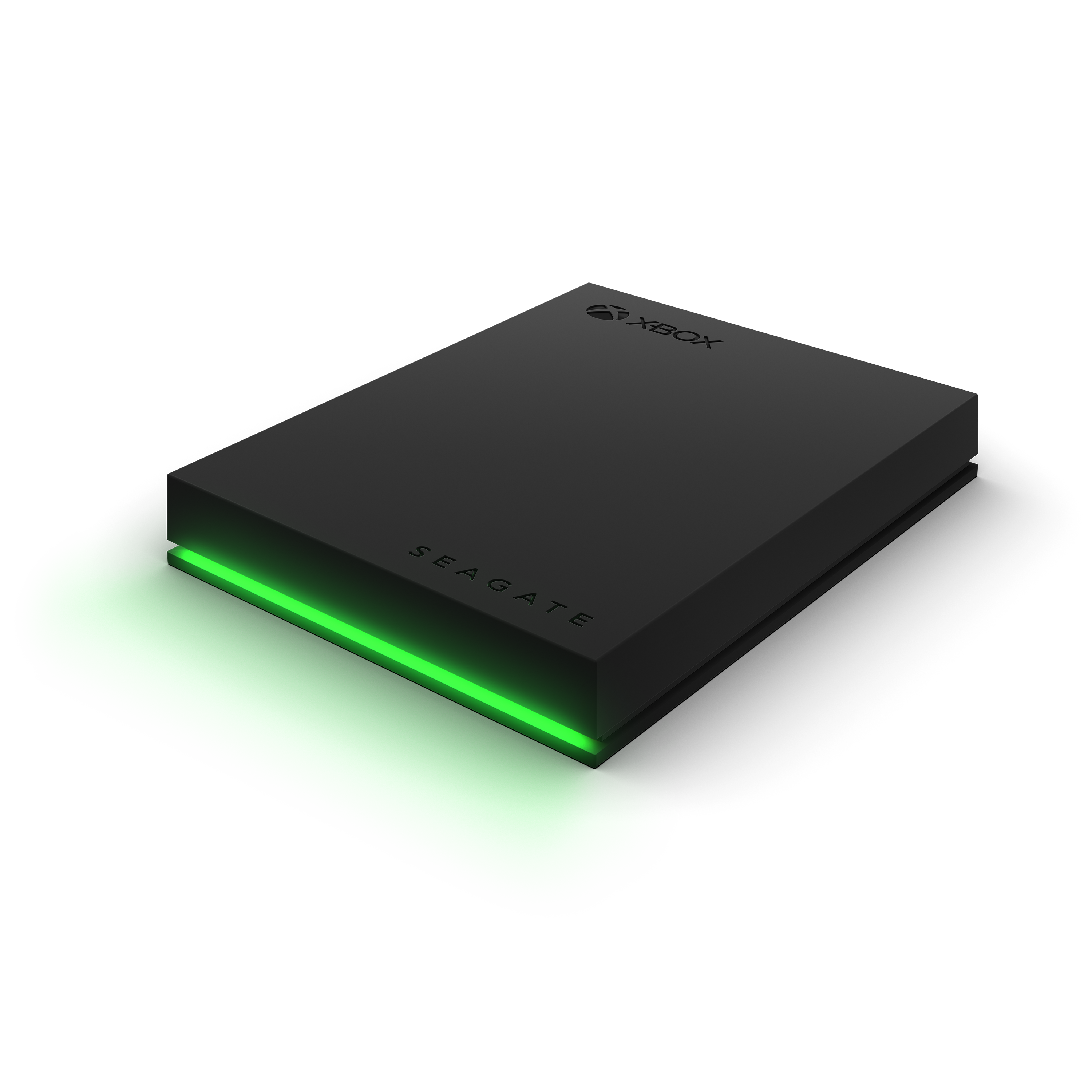 Black Seagate Xbox external hard drive with a green light.
