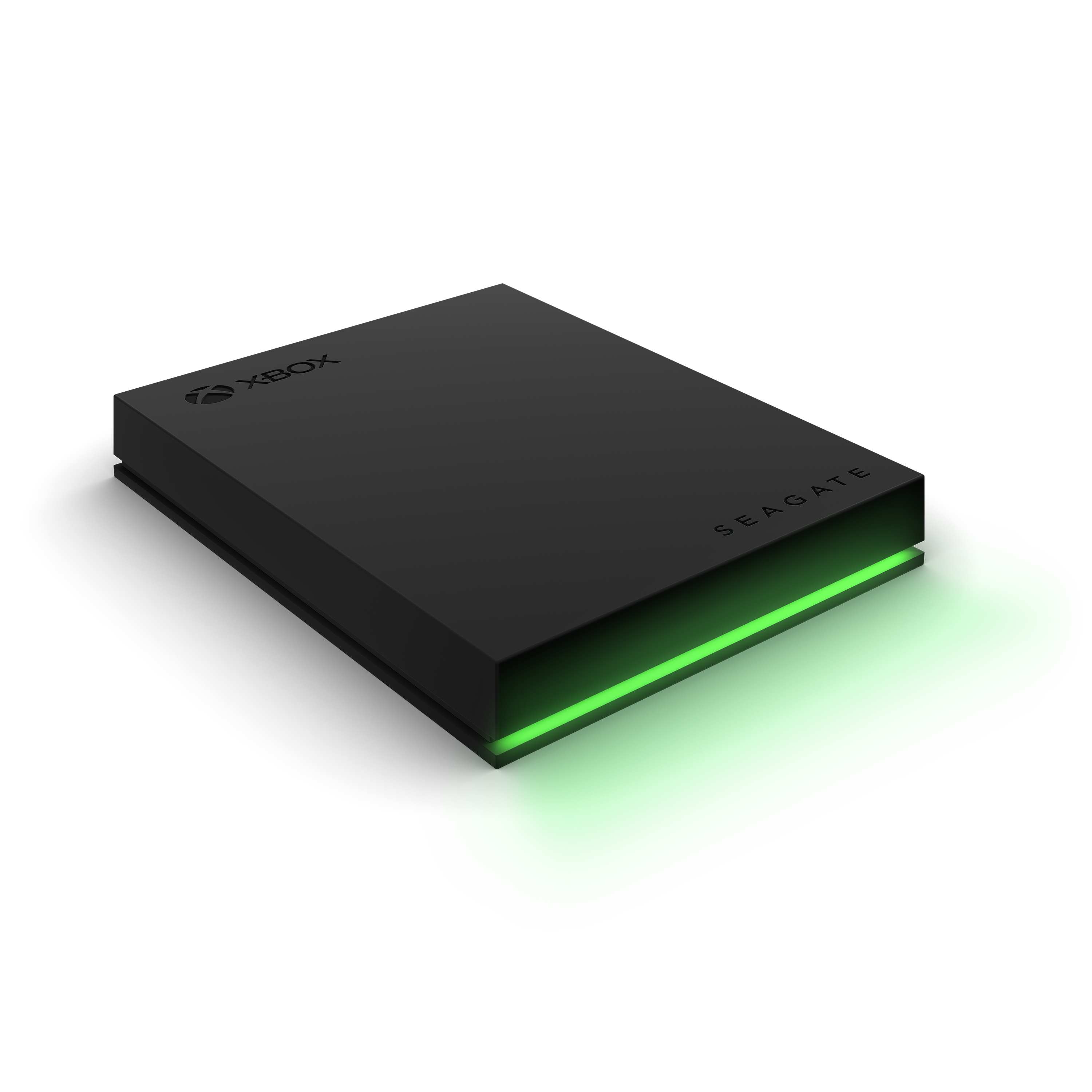 A black external hard drive with a green glowing light at the bottom.