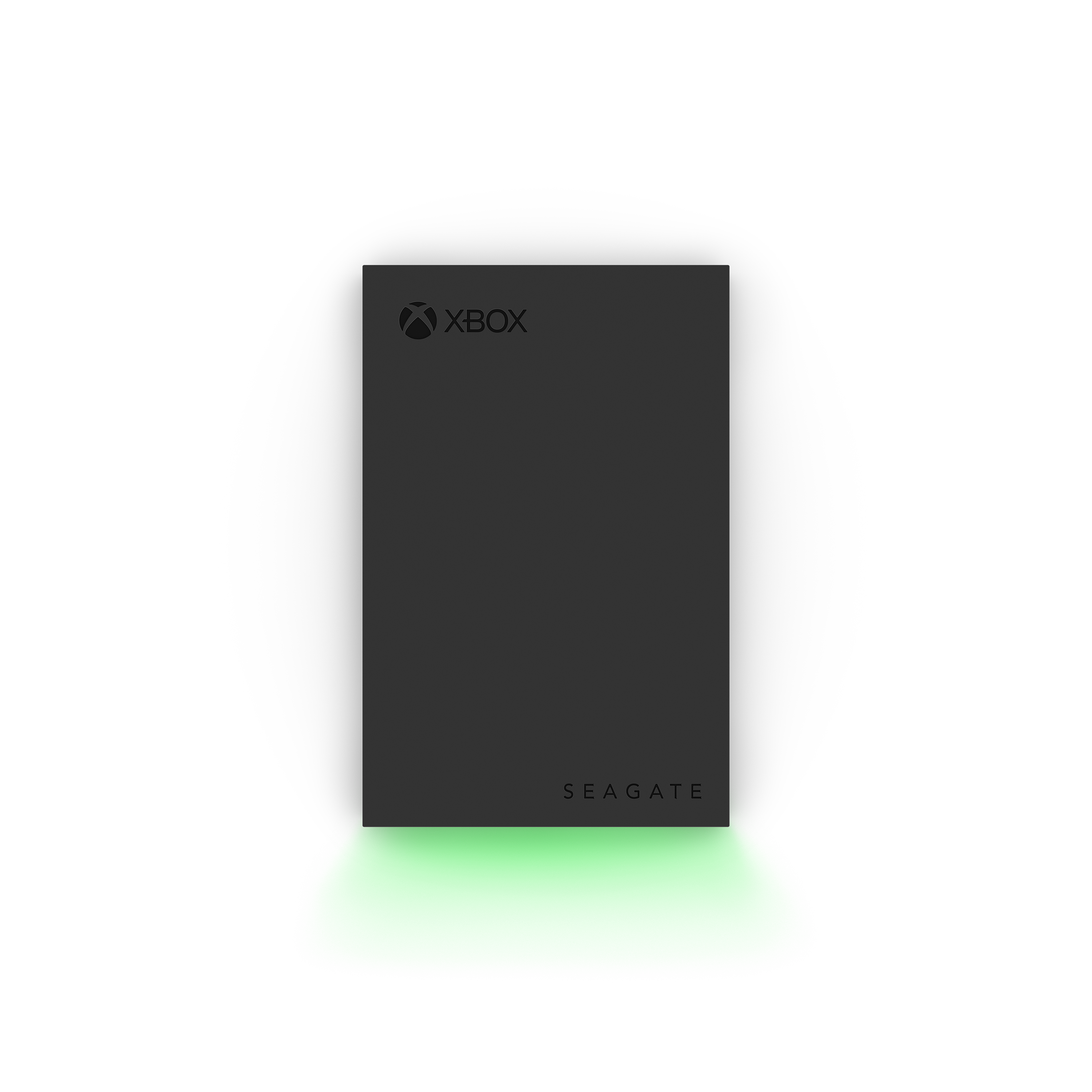 Black Xbox Seagate storage device on a white background. The device has a green glow.