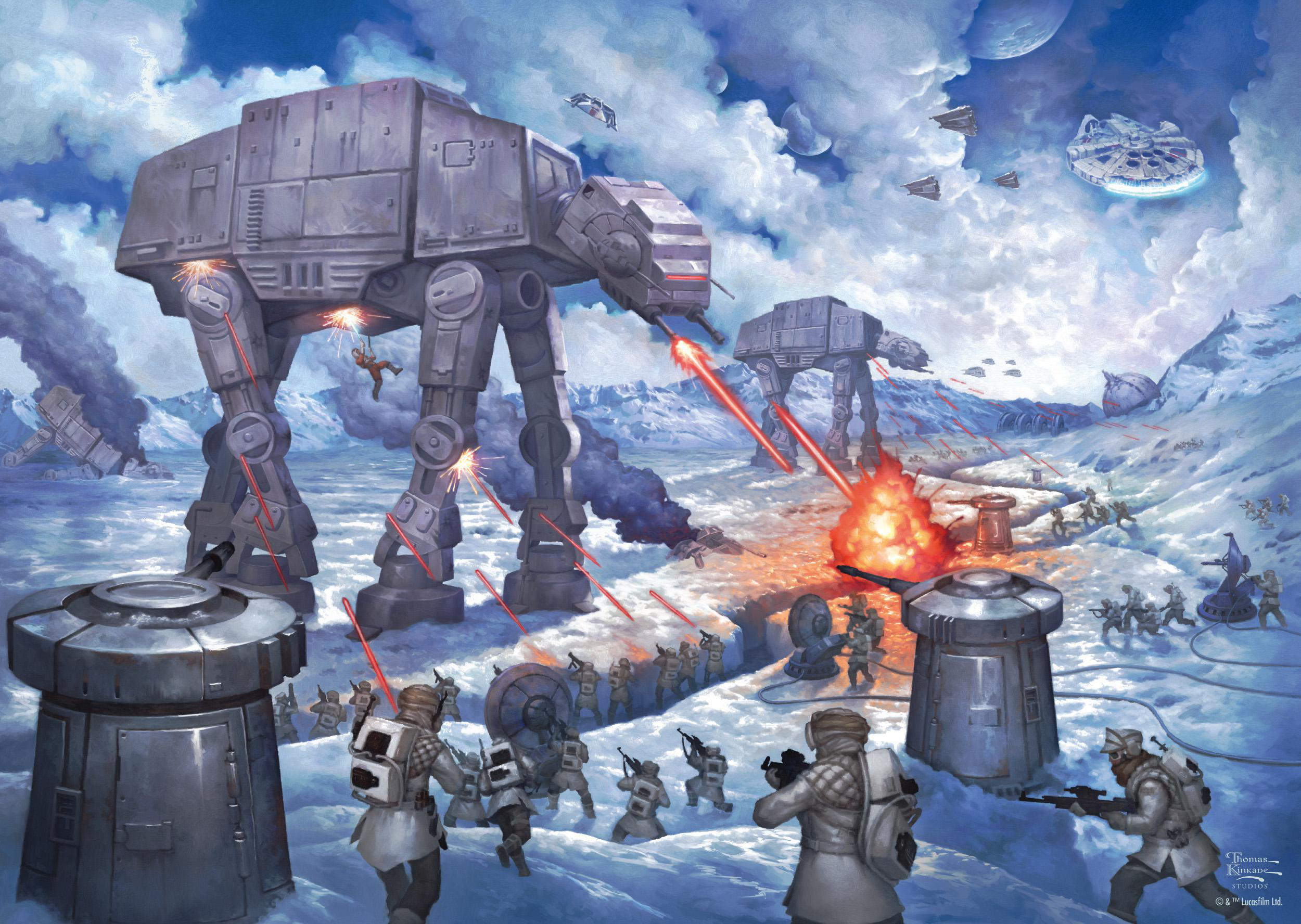 Eine Star Wars-Kampfszene mit AT-AT-Läufern, Soldaten und einem Millennium Falken am Himmel.