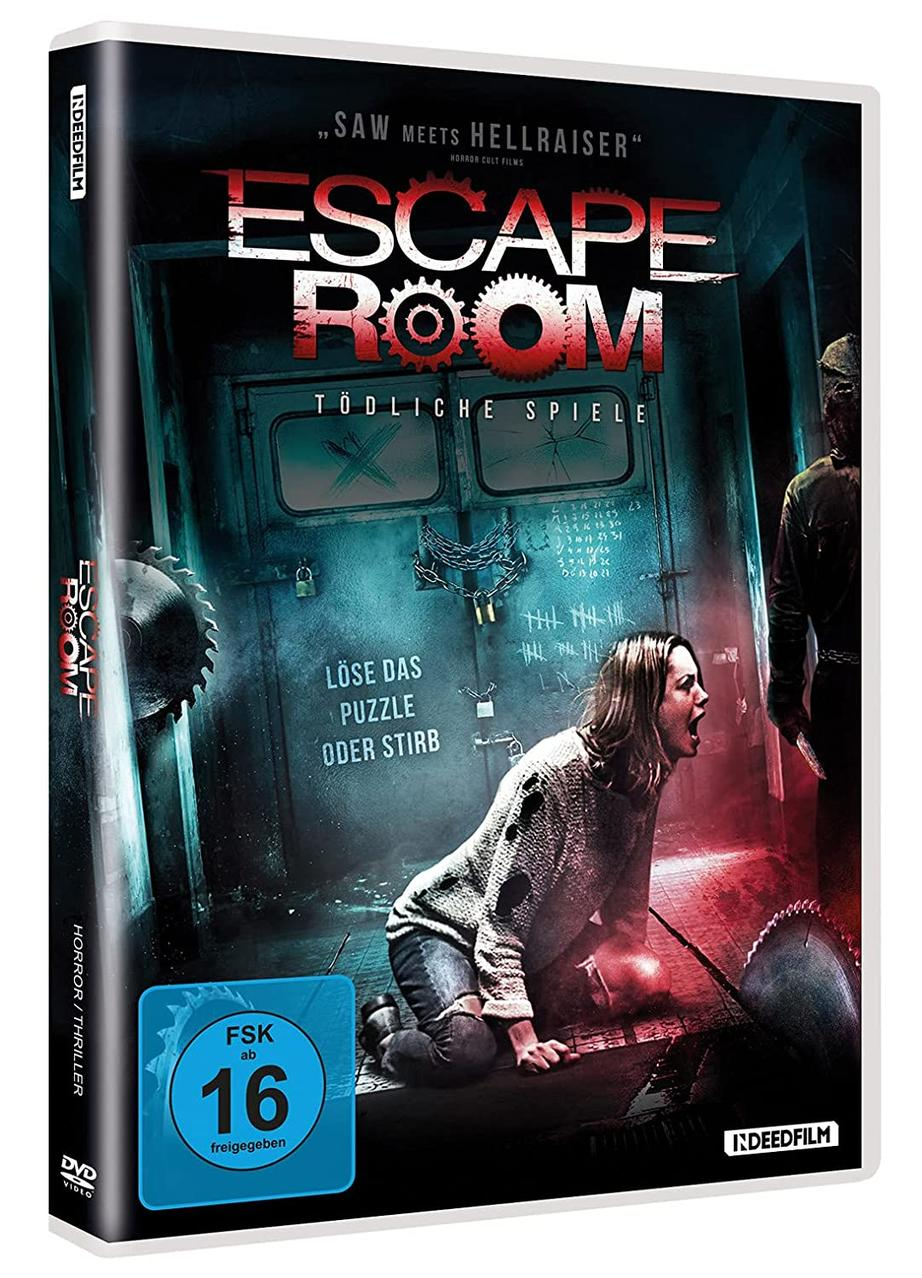 DVD-Cover des Films „Escape Room“. Eine Frau schreit in einer Horrorszene mit Sägen.