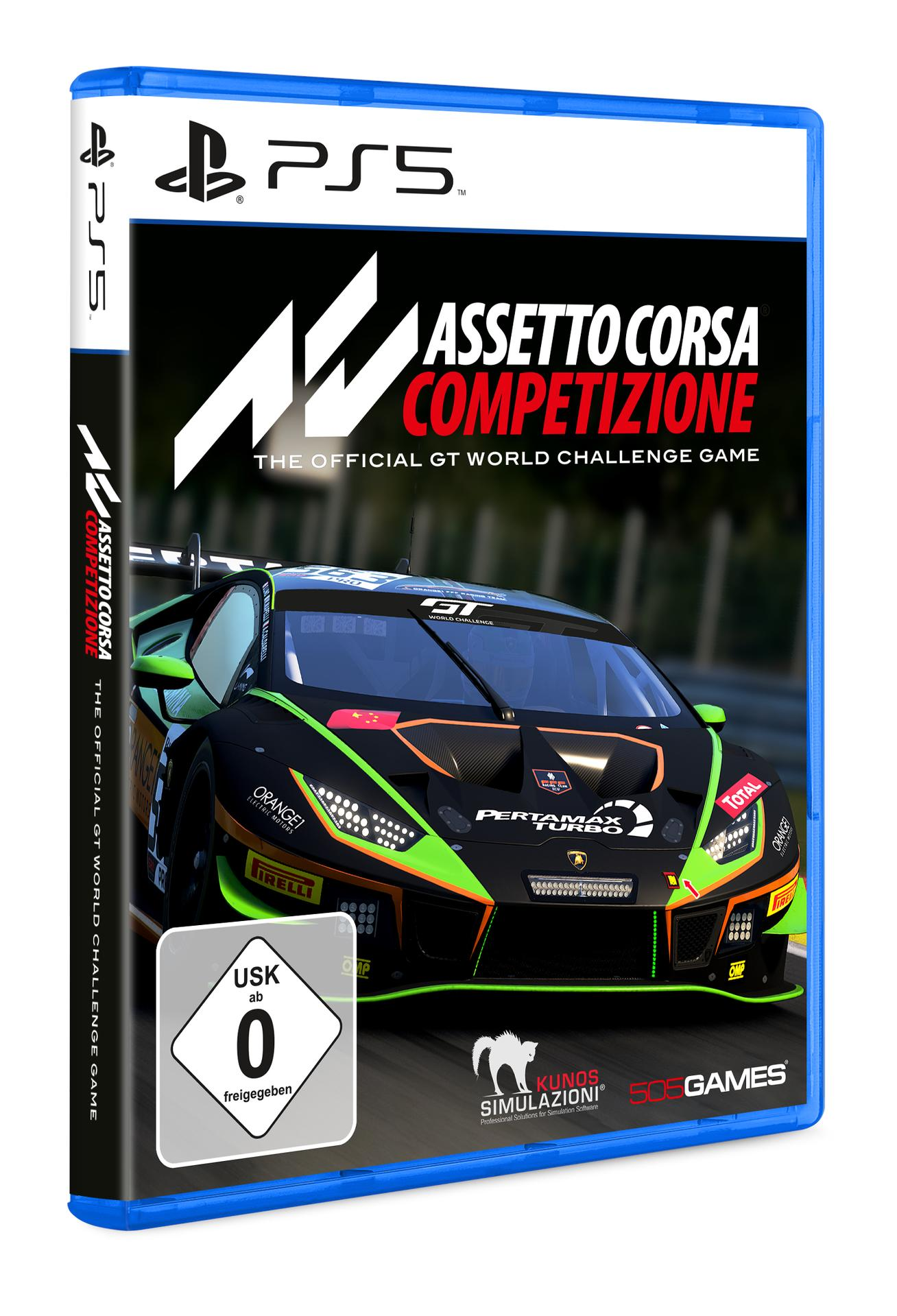 PS5-Spielbox mit Assetto Corsa Competizione. Enthält ein Rennauto und eine blaue Hülle.