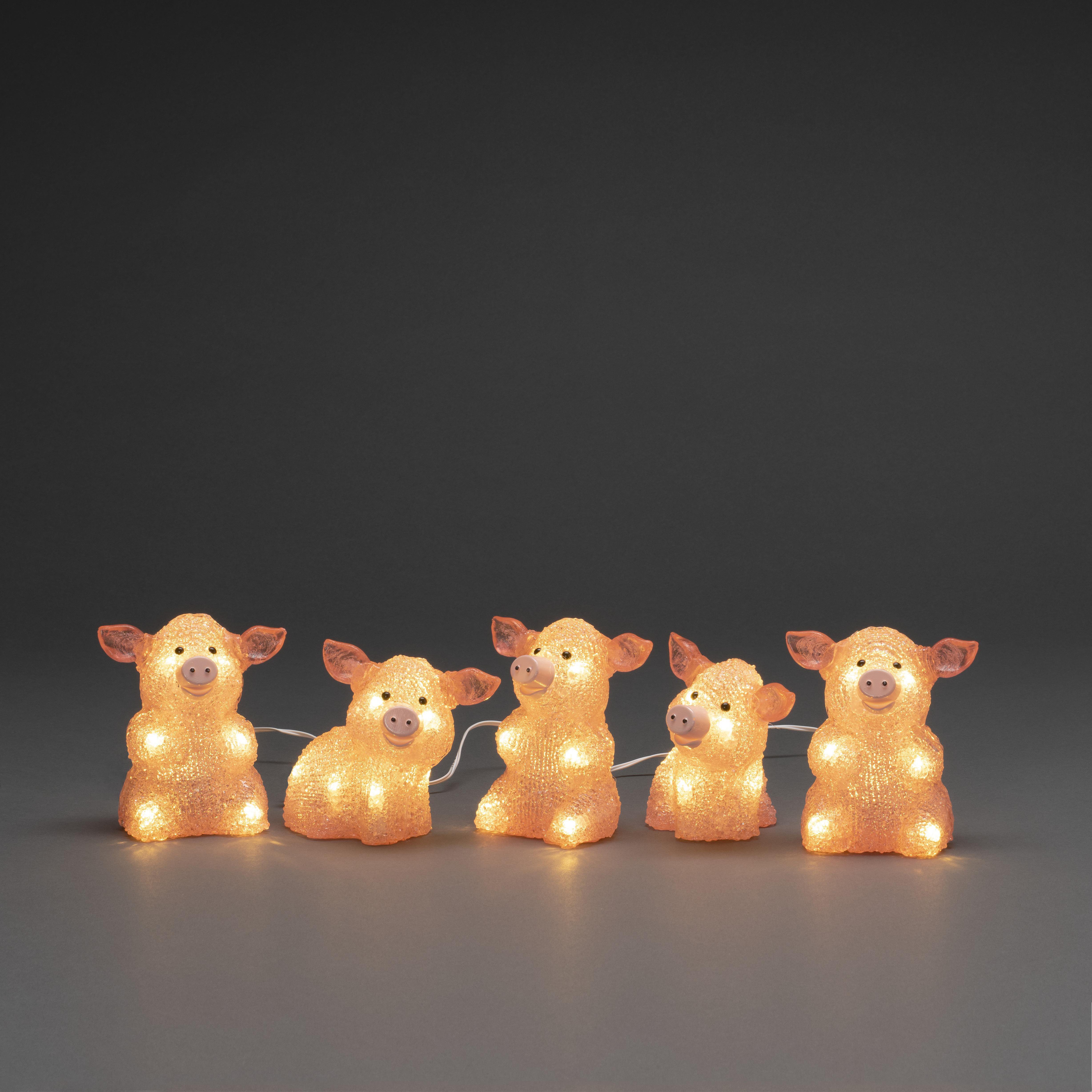 Set KONSTSMIDE LED Schlitten Weihnachtsbeleuchtung, Acrylset Weiß Schweine Mehrfarbig, Warm 5er