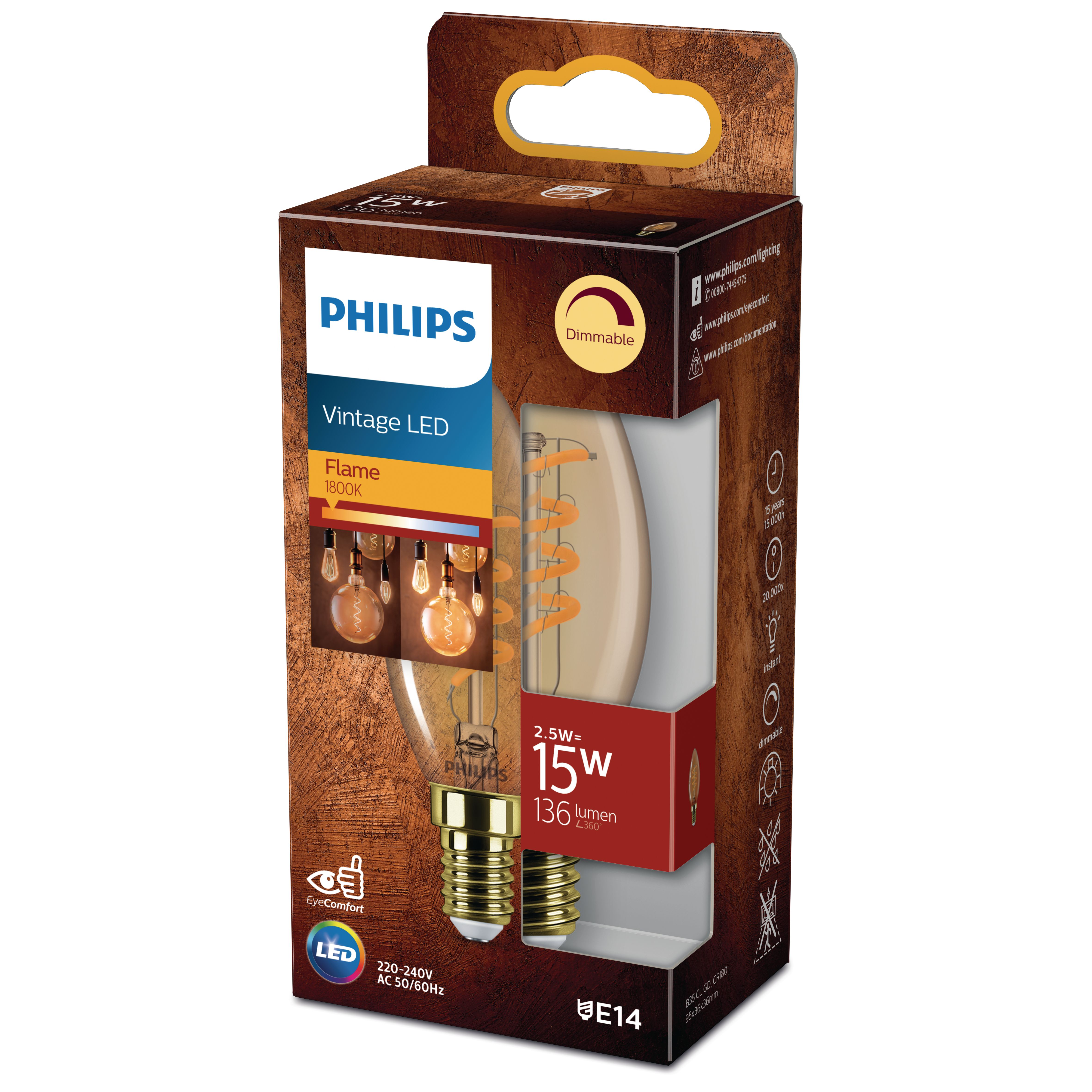 PHILIPS LED Vintage Kerzenlampe mit 15W, Sockel, Gold (1800K), dimmbar LED Lampe E14 Warmweiß
