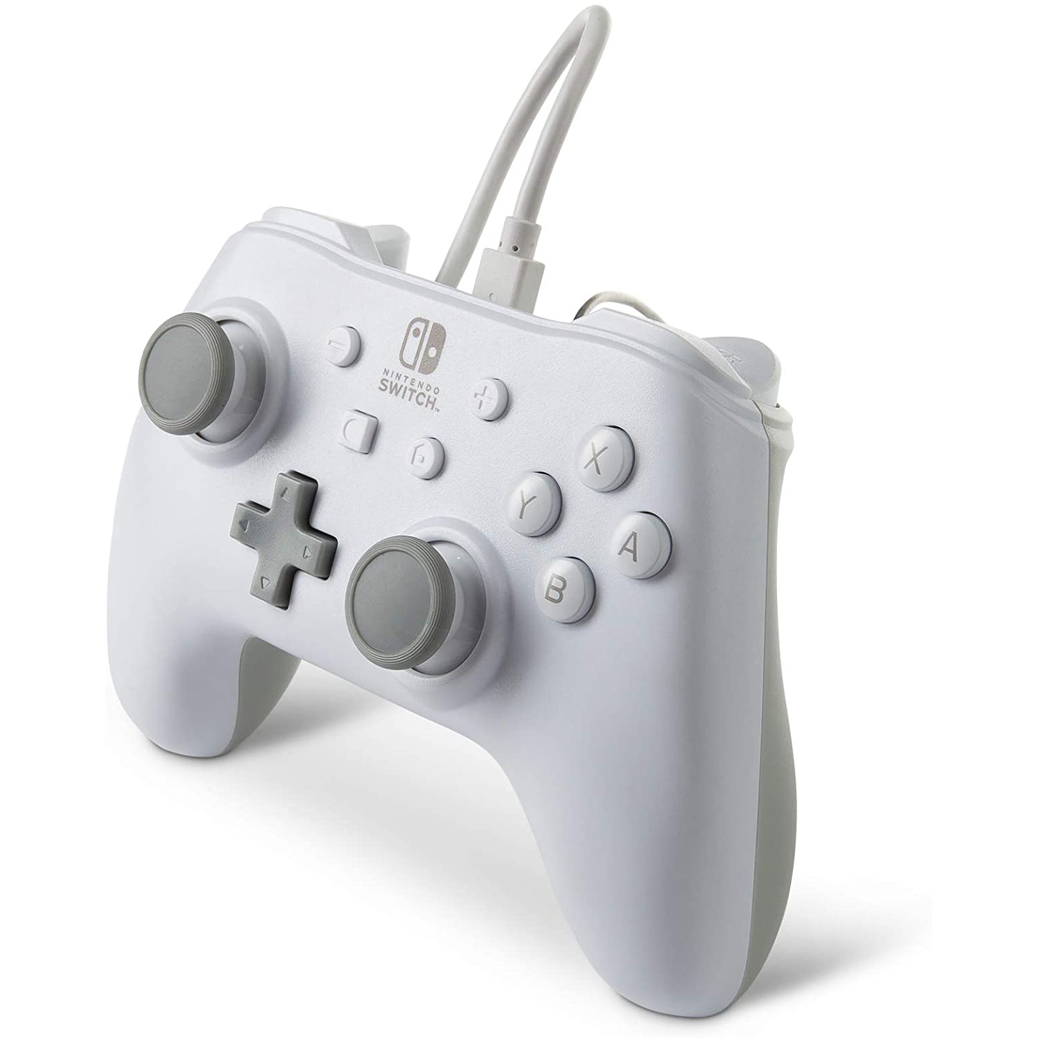 Un mando blanco de Nintendo Switch con joysticks y botones grises sobre un fondo blanco.