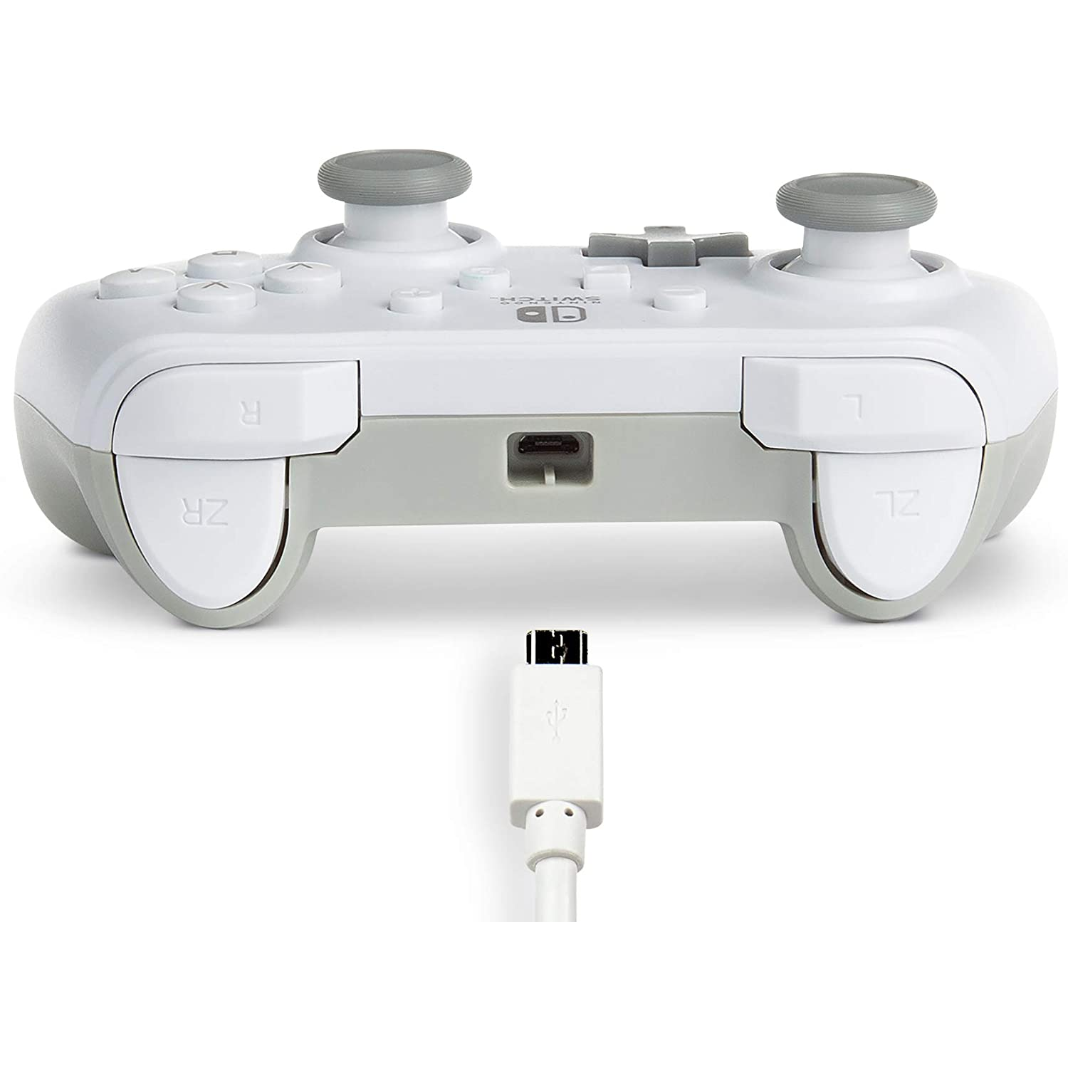 Mando Nintendo Switch blanco y gris con cable USB-C. Joysticks y botones grises visibles.