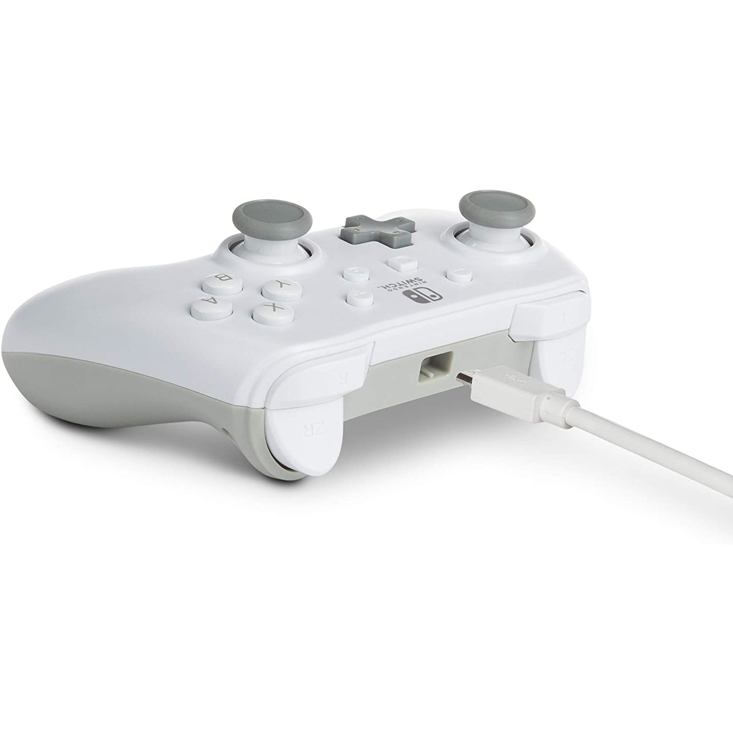 Mando blanco de Nintendo Switch, con detalles grises, conectado a un cable blanco.