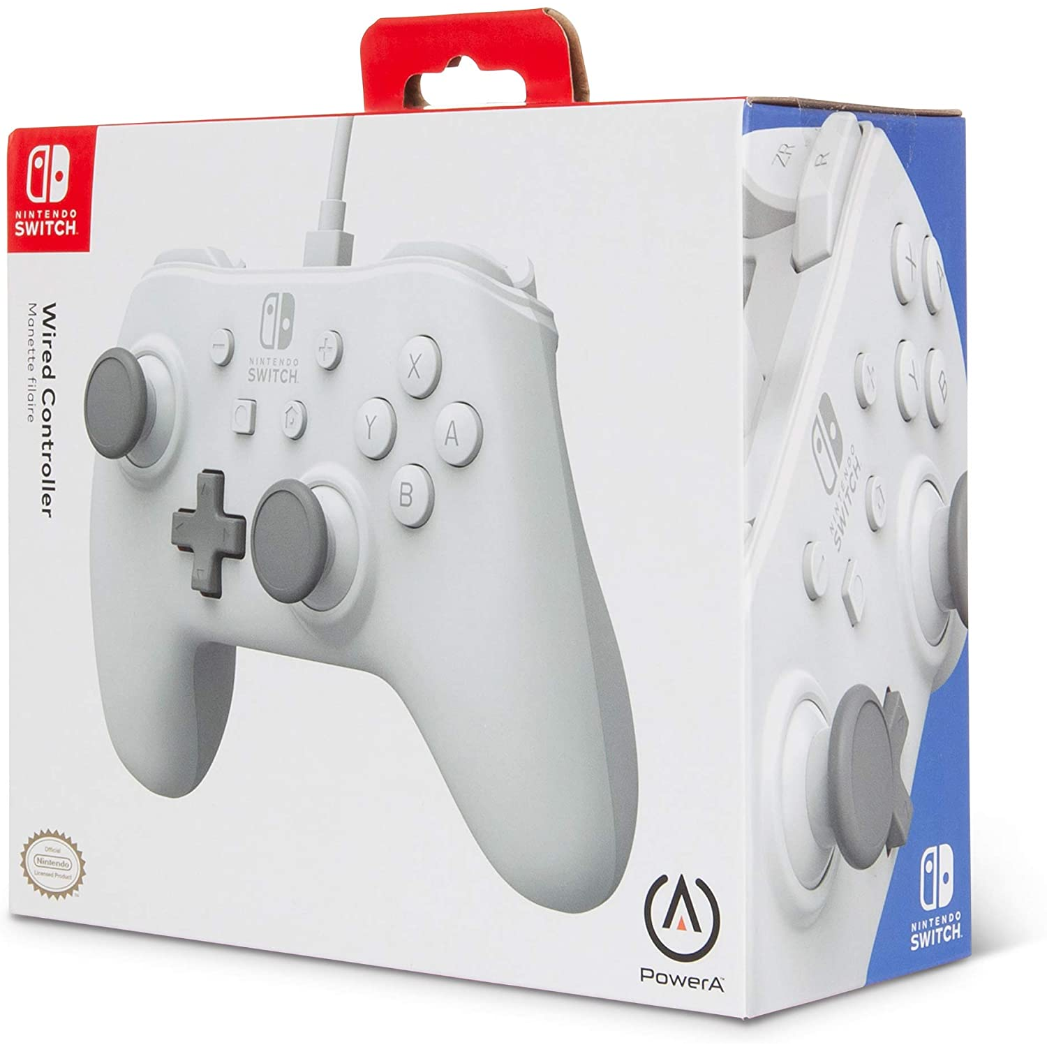 Controlador blanco de Nintendo Switch en una caja. Muestra los botones y el logotipo de Nintendo Switch.