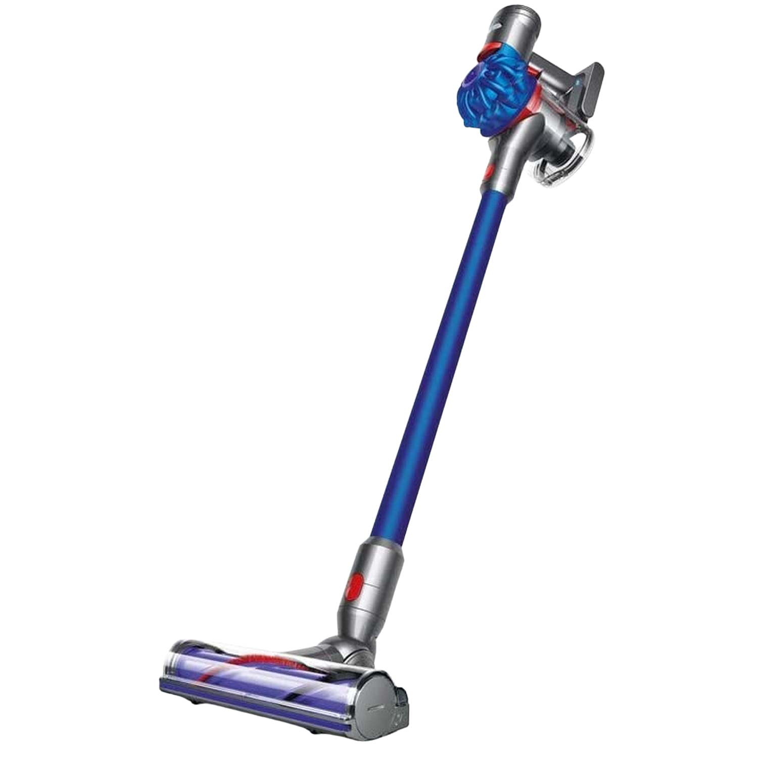 Una aspiradora inalámbrica Dyson azul y plateada sobre un fondo negro.