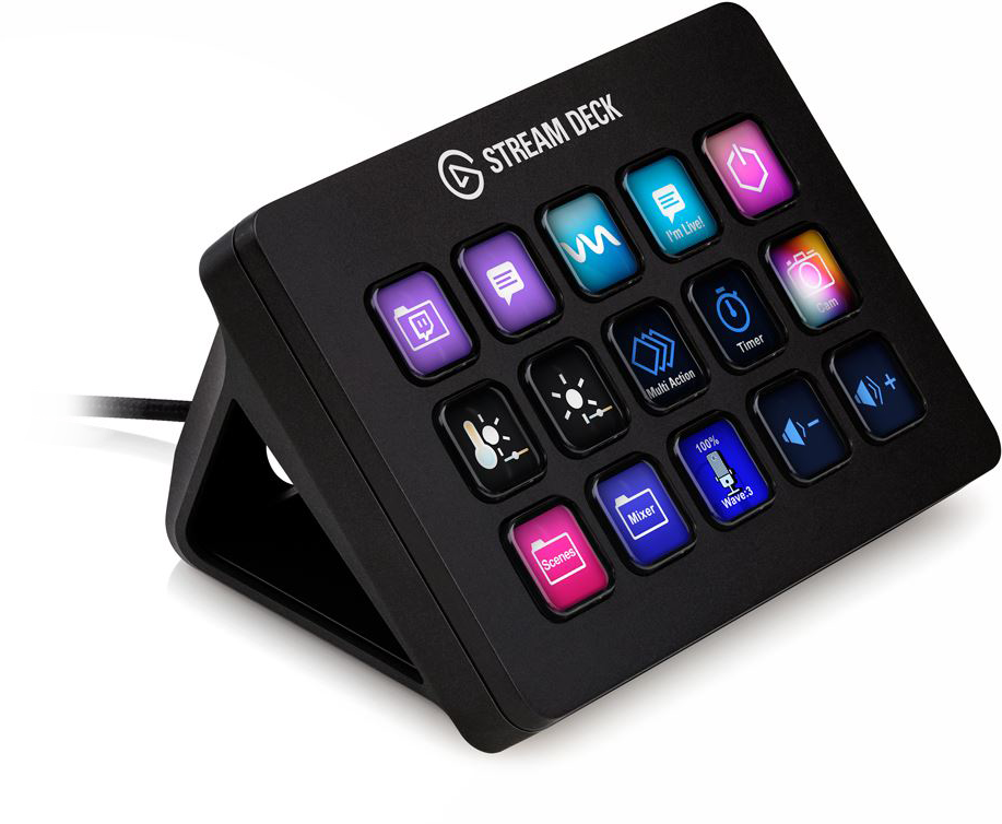 Fekete Stream Deck különféle gombokkal. A gombok színes ikonokkal rendelkeznek.