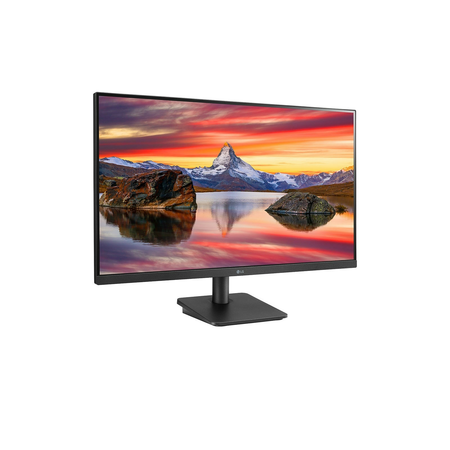 Monitor de computadora que muestra un paisaje con montañas, lago y cielo colorido.