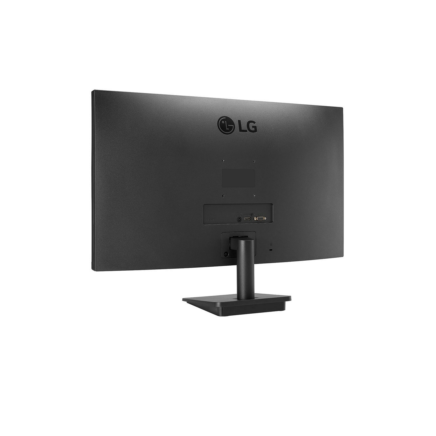 Parte trasera de un monitor de ordenador negro. Tiene puertos y base negra.
