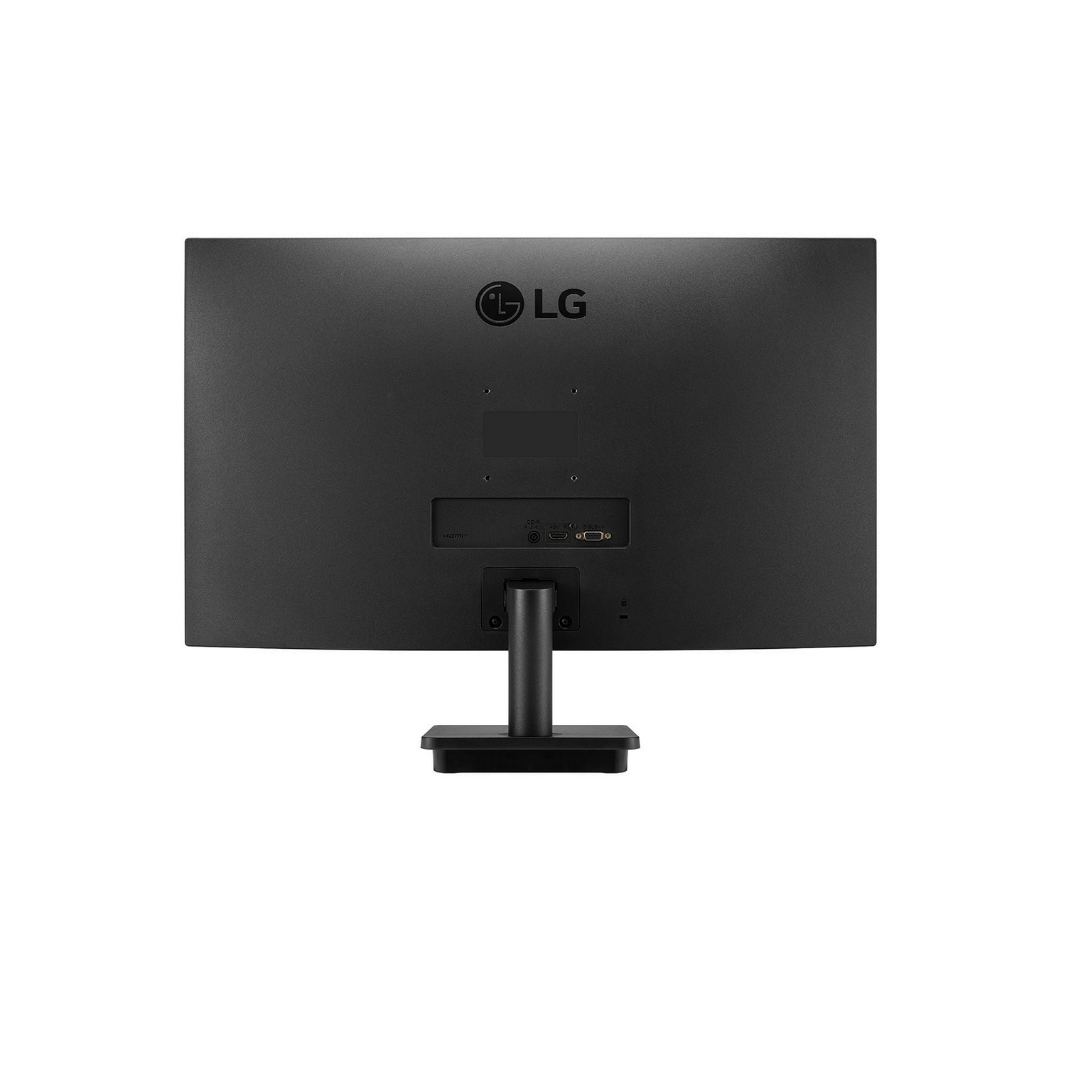 Parte trasera de monitor de computadora LG negro con soporte, mostrando puertos.