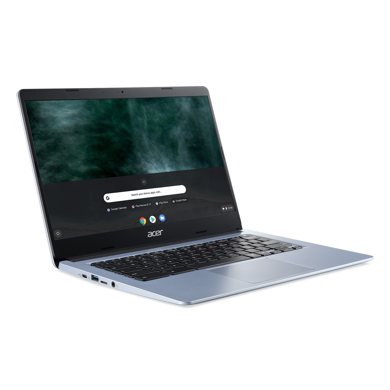 Un portátil plateado sobre fondo negro, con el logo de Acer visible en la parte inferior.