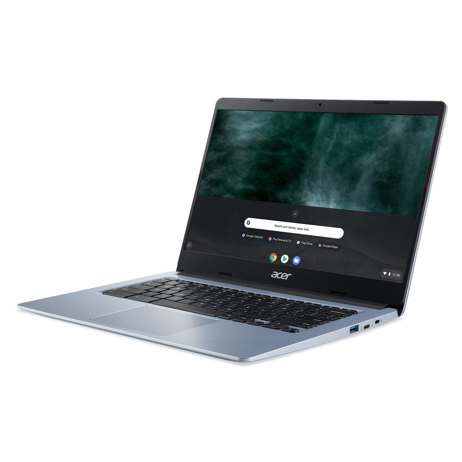 Una computadora portátil Acer azul claro está abierta sobre una superficie negra, mostrando la interfaz de Chrome OS.