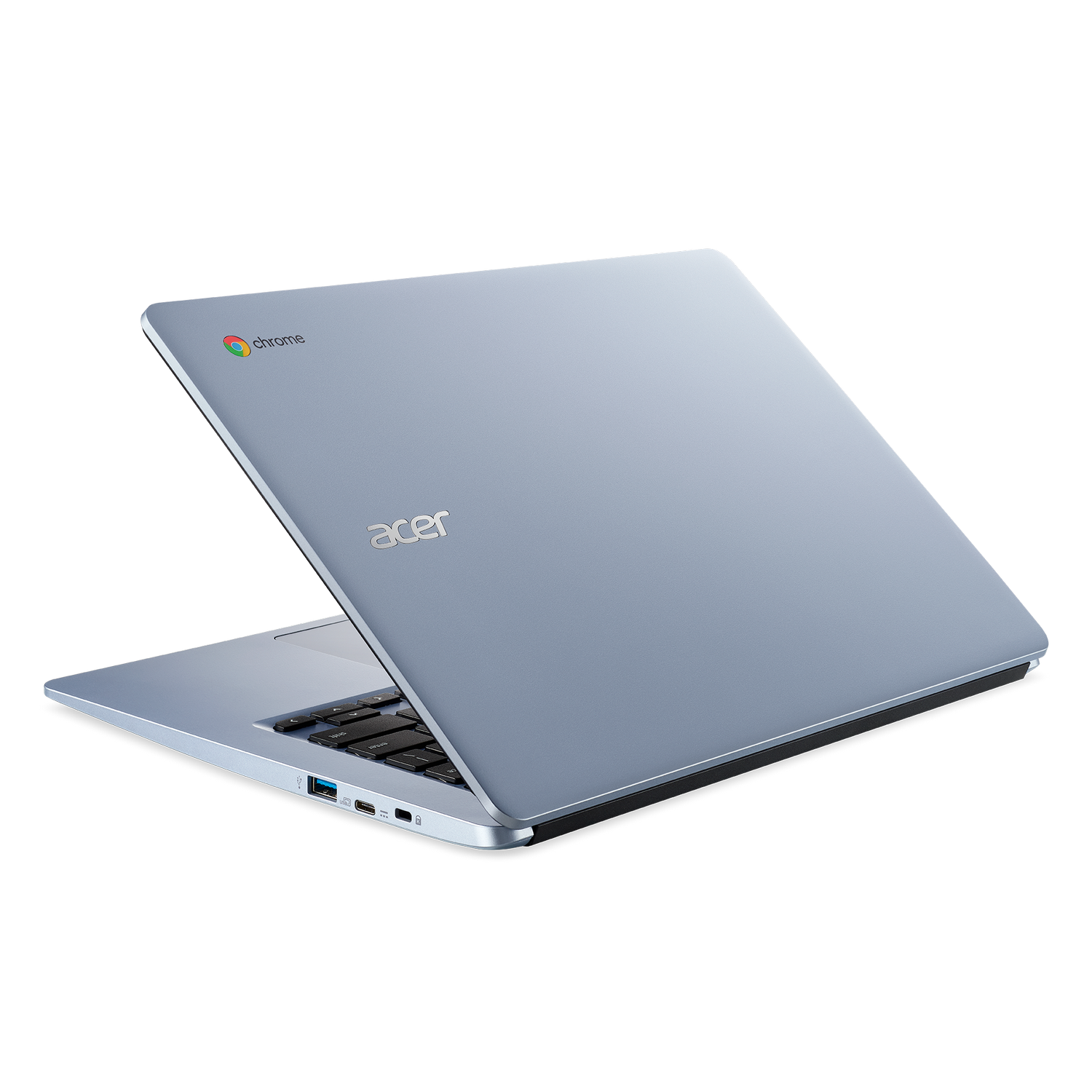 Laptop Acer Chromebook, azul claro, abierto sobre fondo oscuro. Muestra teclado y pantalla.