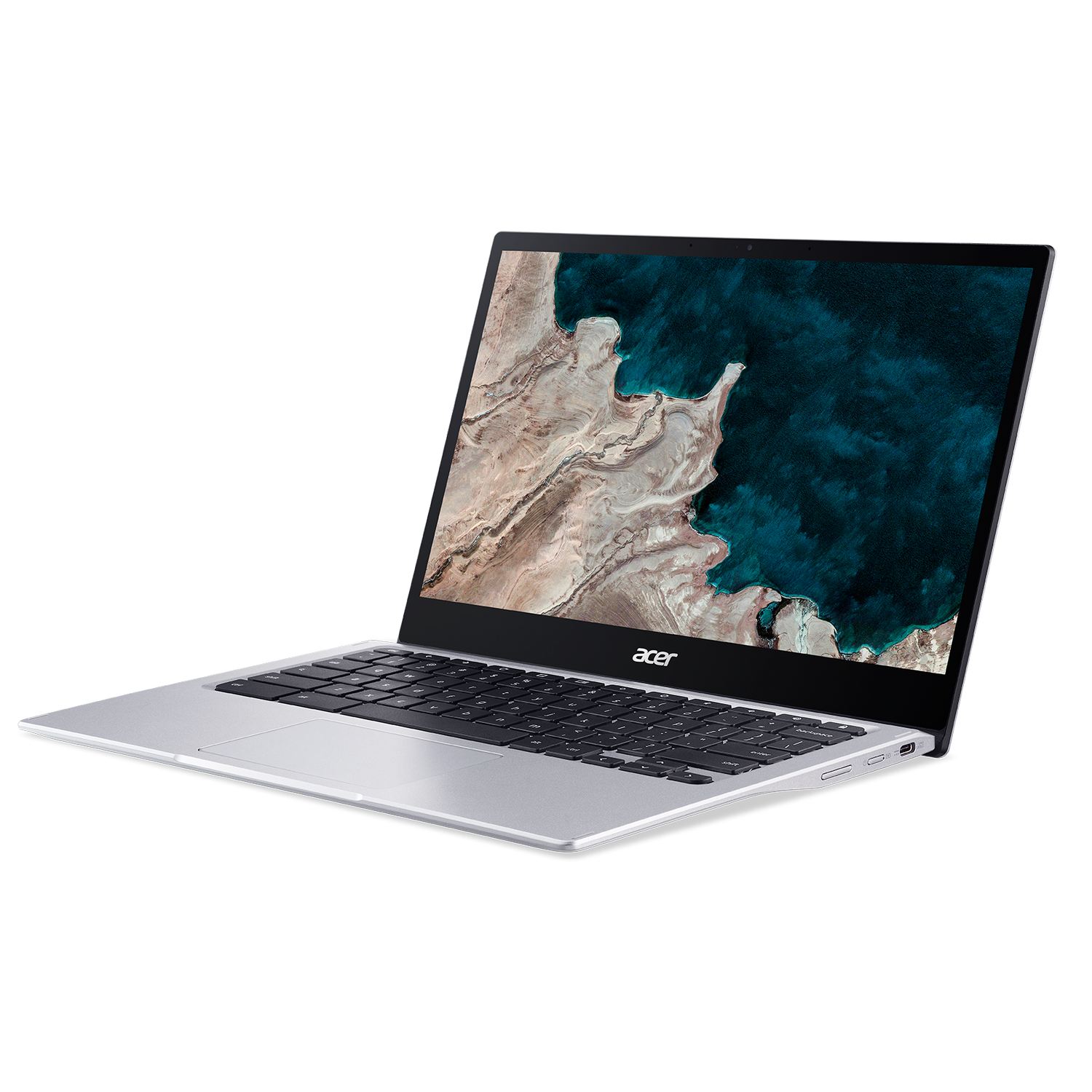 Portátil Acer Chromebook, abierto, mostrando un fondo escénico en la pantalla.