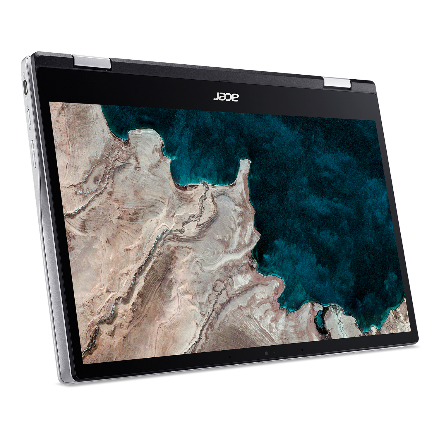 Un portátil Acer Chromebook. La pantalla muestra una imagen de un paisaje costero con agua azul.