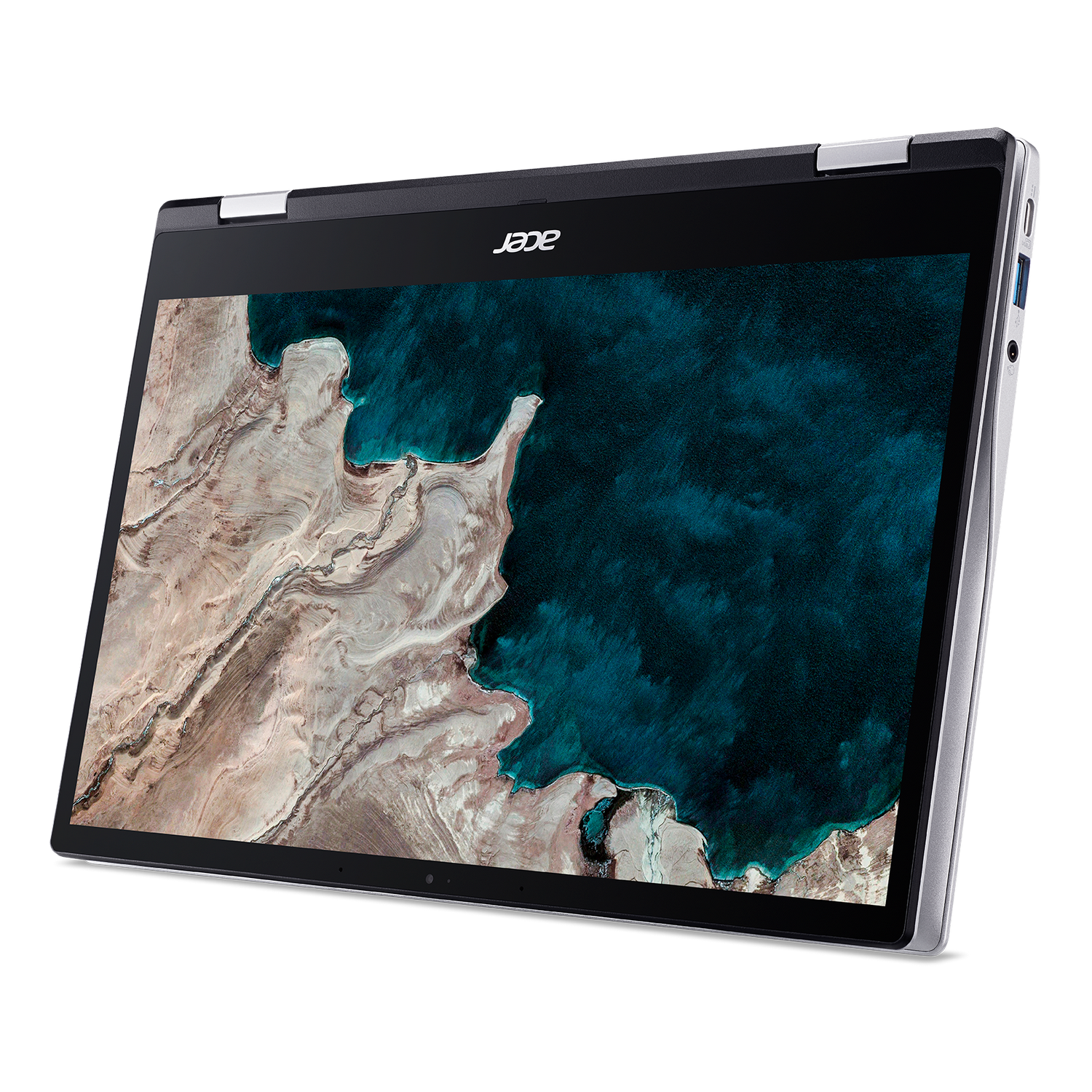 Portátil Acer. Carcasa plateada, abierto para mostrar una pantalla con paisaje costero.