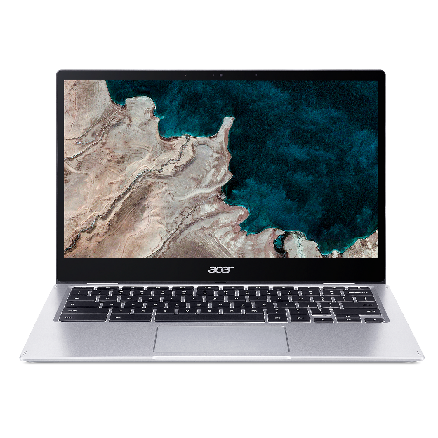 Una laptop Acer plateada abierta con una pantalla que muestra un paisaje sobre un fondo oscuro.