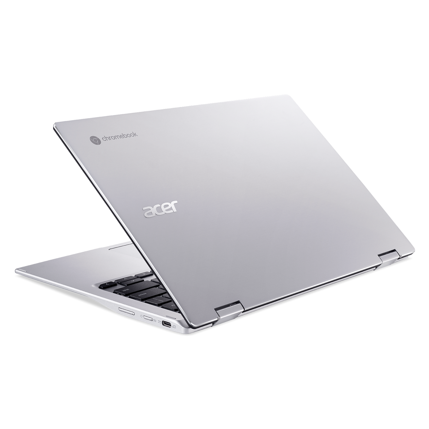 Portátil Acer Chromebook plateado, abierto en ángulo, sobre un fondo negro. La pantalla es visible.