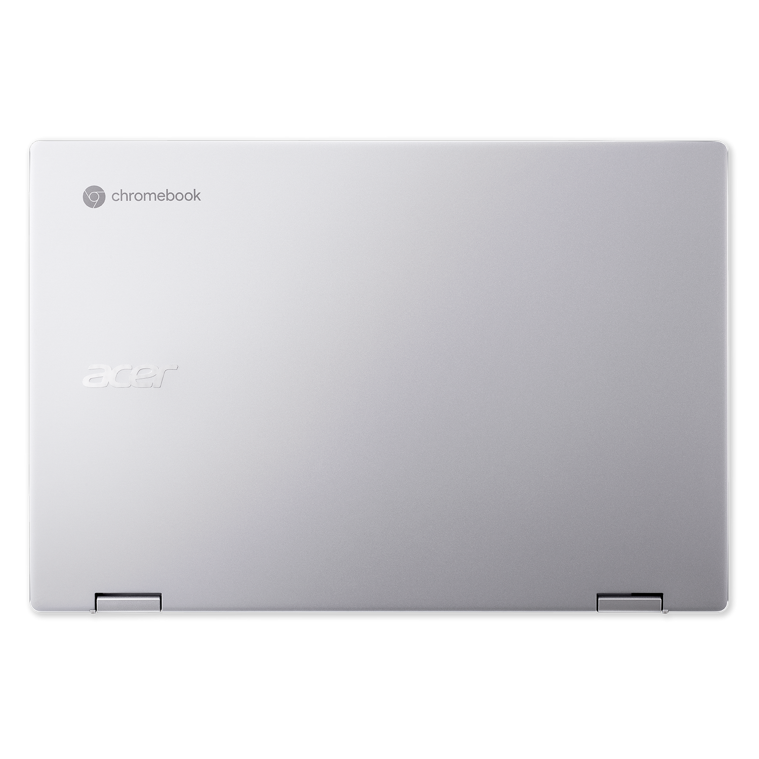 Laptop Chromebook plateado, vista superior, con borde negro.