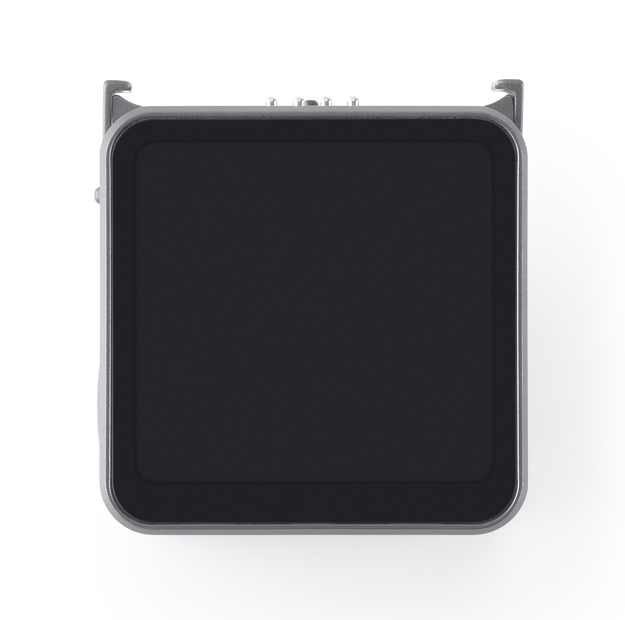 A square smartwatch with a black screen, gray frame, and attachments on the top.