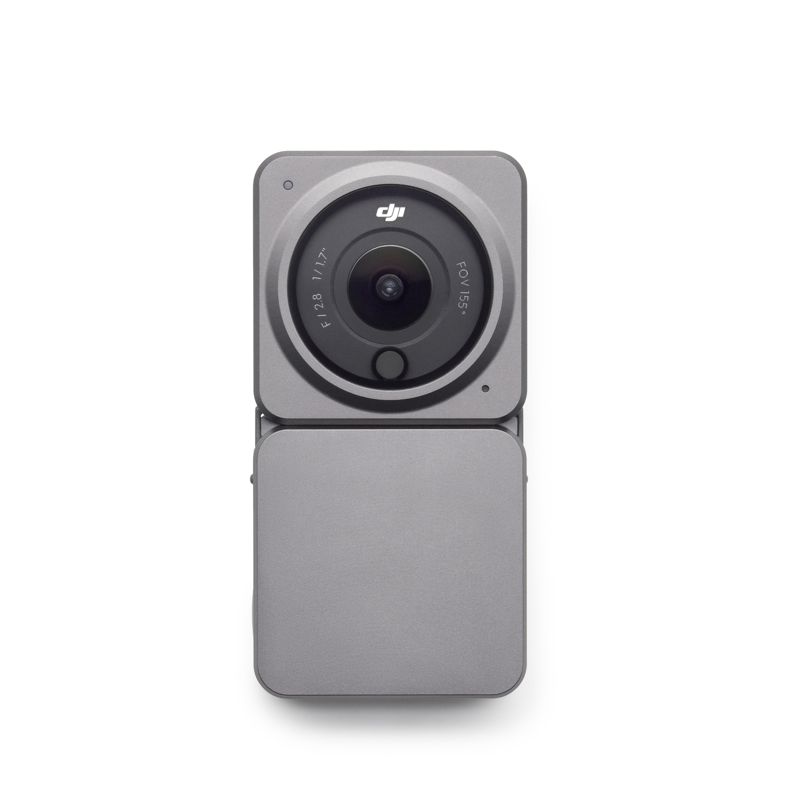DJI Osmo Action camera. Grijs, vierkant met lens en scherm. Witte achtergrond.