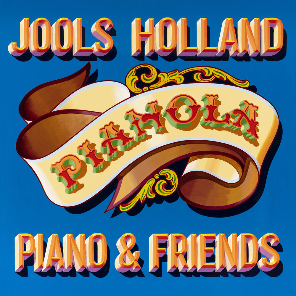 Album borító 'JOOLS HOLLAND' és 'PIANO & FRIENDS' felirattal, kék háttérrel.