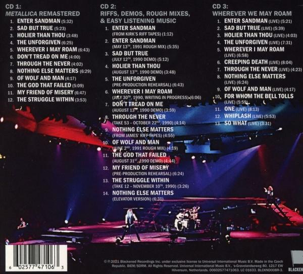 CD mit Metallica-Album-Tracklisten. Die Disc befindet sich in ihrem Case mit Text und Albuminformationen.