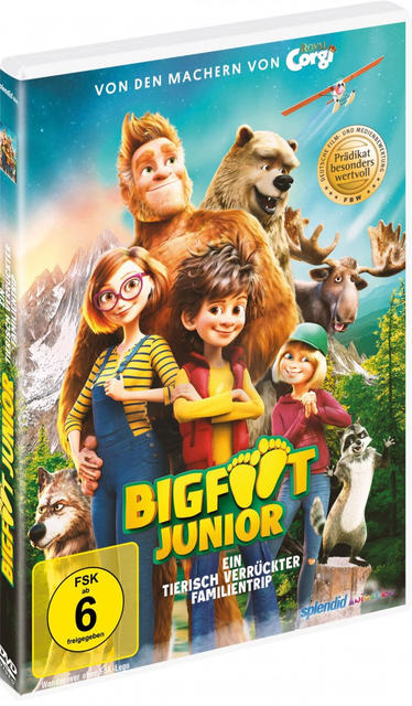 DVD-Hülle des Films 'Bigfoot Junior' mit Charakteren und Titel vor Waldhintergrund.