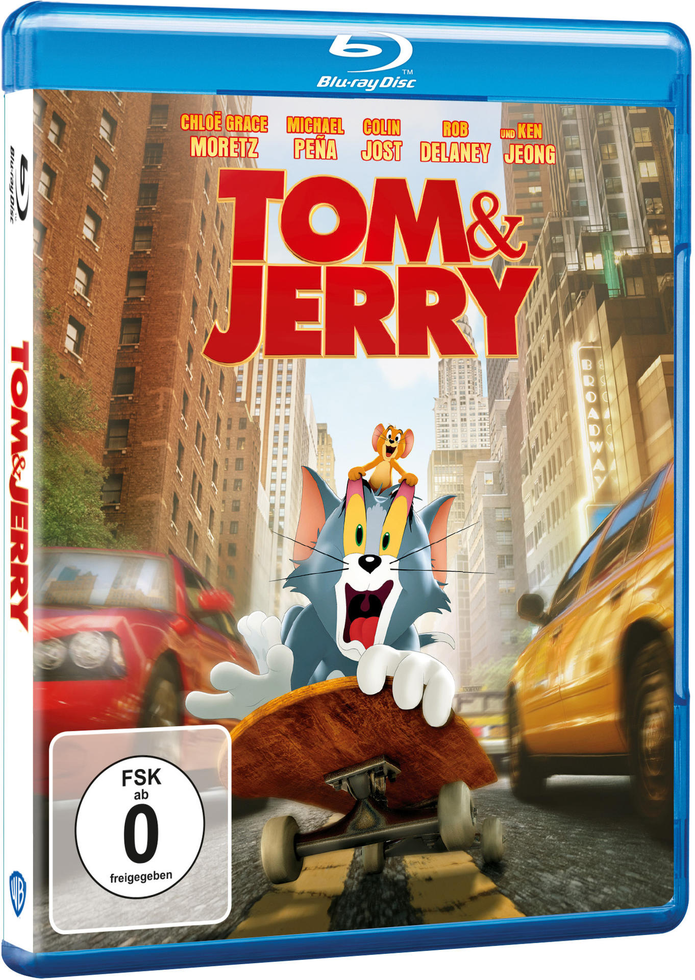 Tom & Jerry Blu-ray-Cover. Katze auf einem Skateboard, Stadt-Hintergrund. Farbenfrohes Bild.