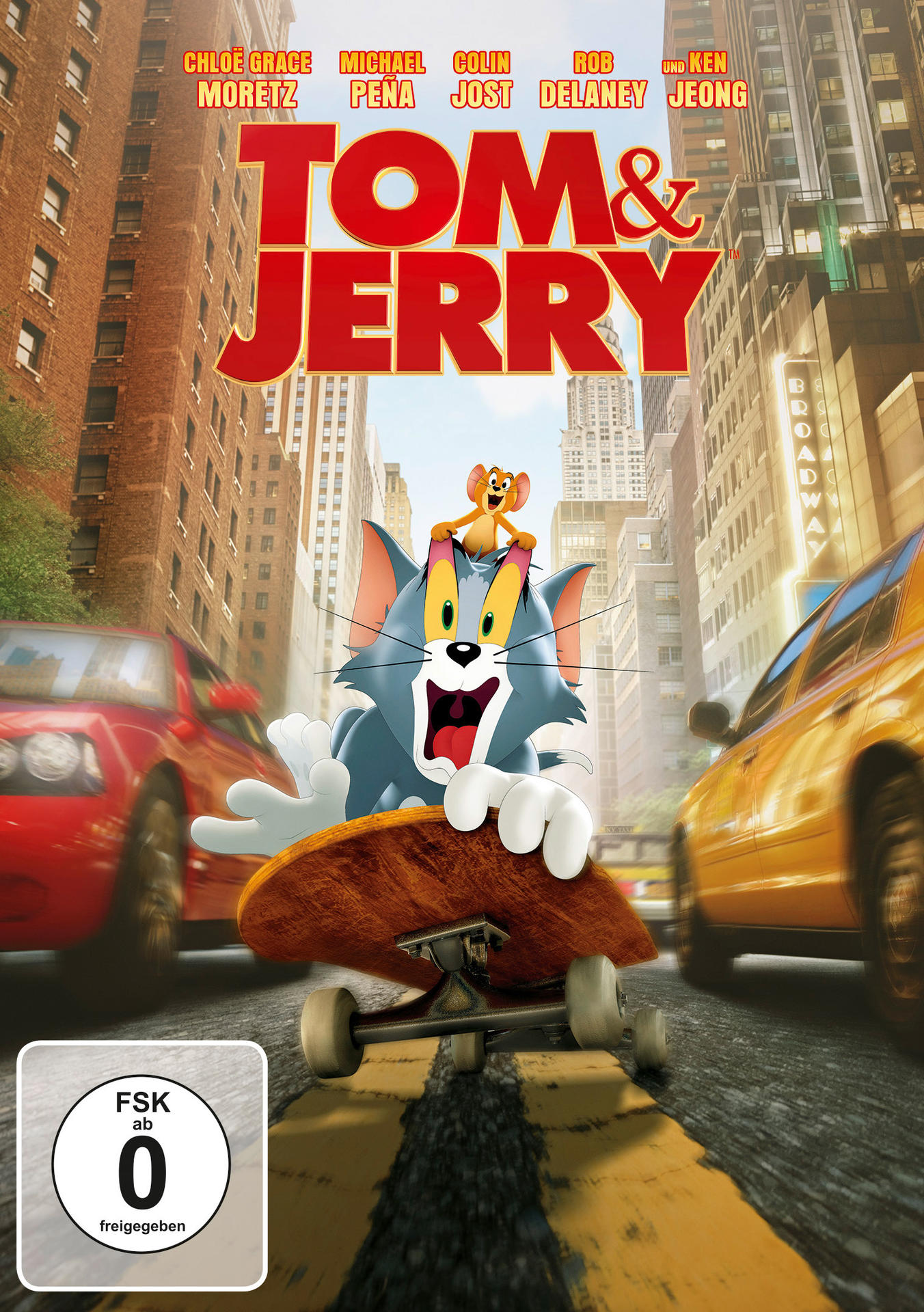 Tom und Jerry auf einem Skateboard in einer Stadtstraße, Autos im Hintergrund.
