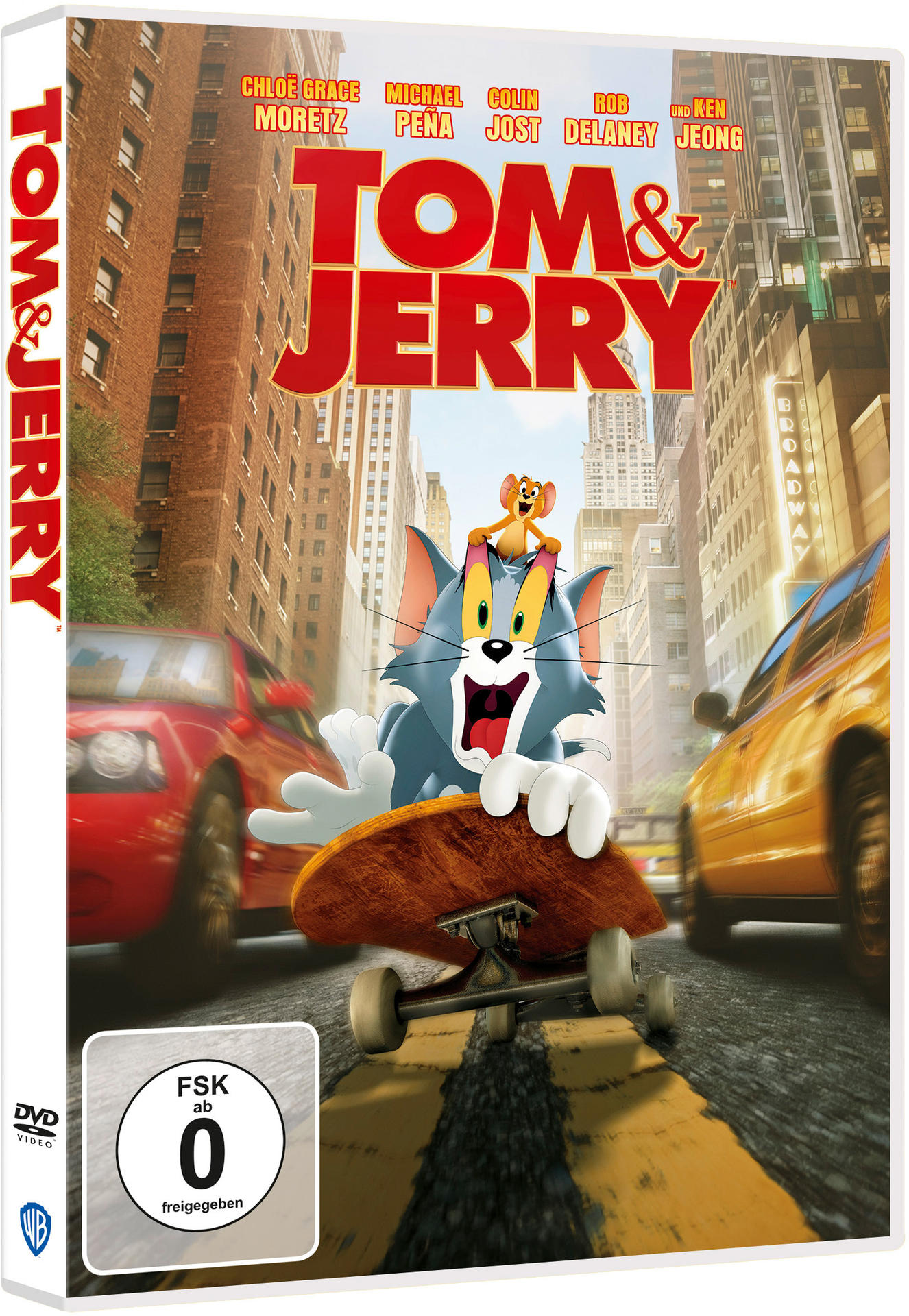 Tom & Jerry DVD-Hülle. Tom auf einem Skateboard, Jerry oben. Stadt Hintergrund.