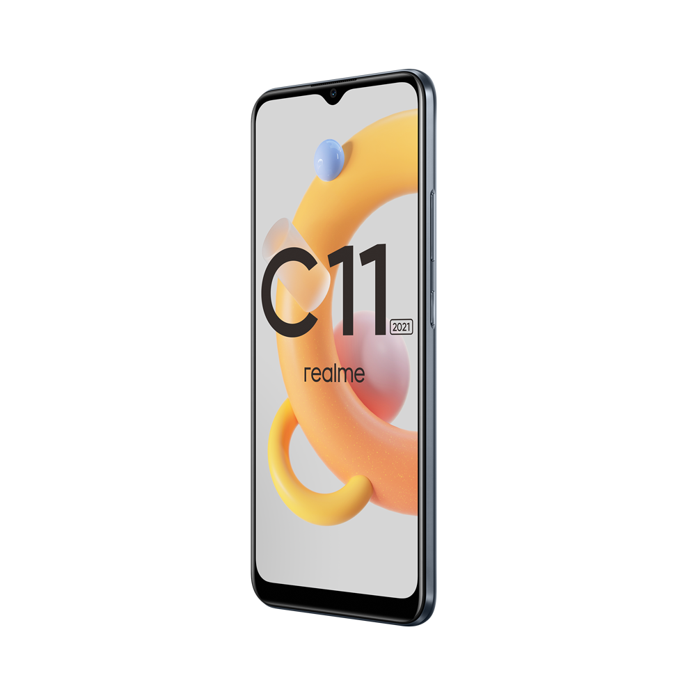 Renkli bir grafik görüntüleyen Realme C11 telefonu. Telefon siyah bir arka plana karşı eğik duruyor.