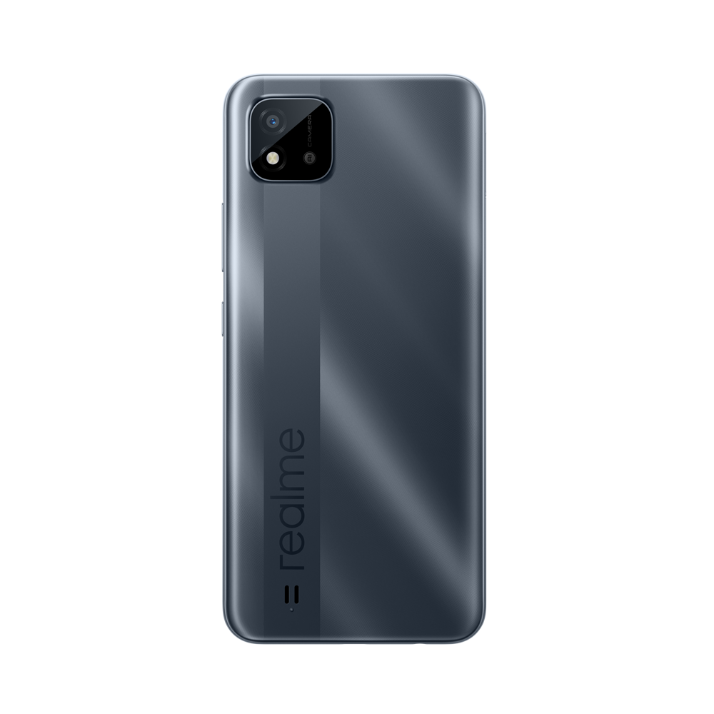 Arkasında Realme logosu bulunan koyu gri bir Realme telefon. Çift kameraya sahip.