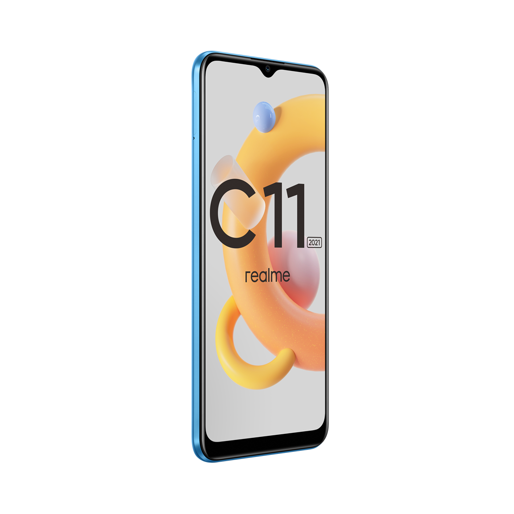 Realme C11 telefon, mavi çerçeve, turuncu ve mavi arka plan. 'C11' ve 'realme' gösterir.