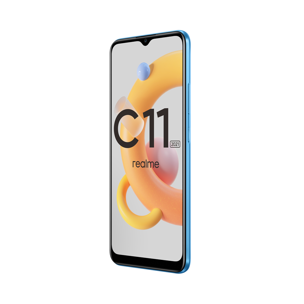 Mavi Realme C11 telefon, siyah ekran C11 logosunu gösteriyor. Turuncu, sarı ve mavi grafikler.