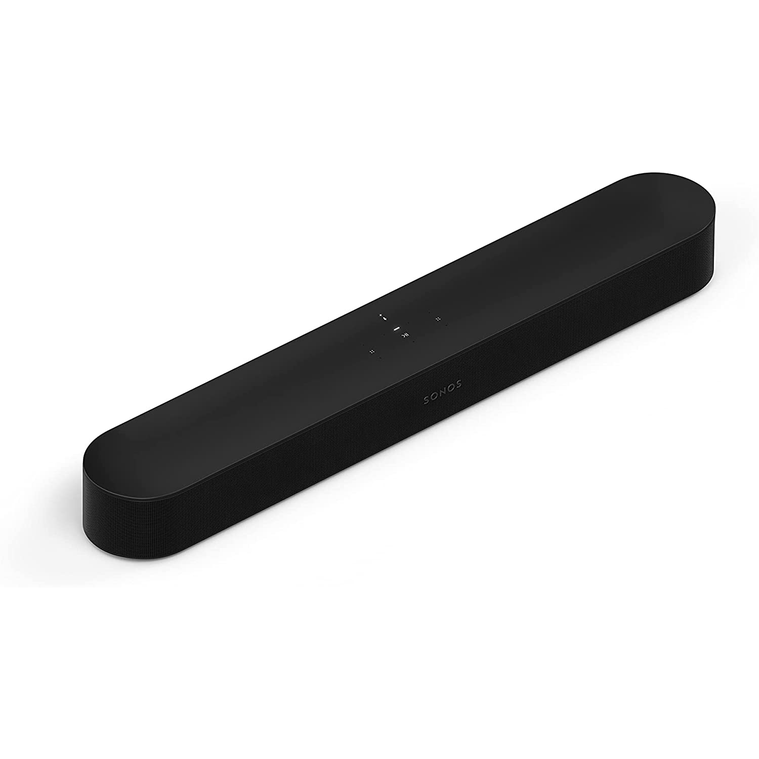 Barra de sonido Sonos negra con botones de control, sobre una superficie blanca, fondo blanco.