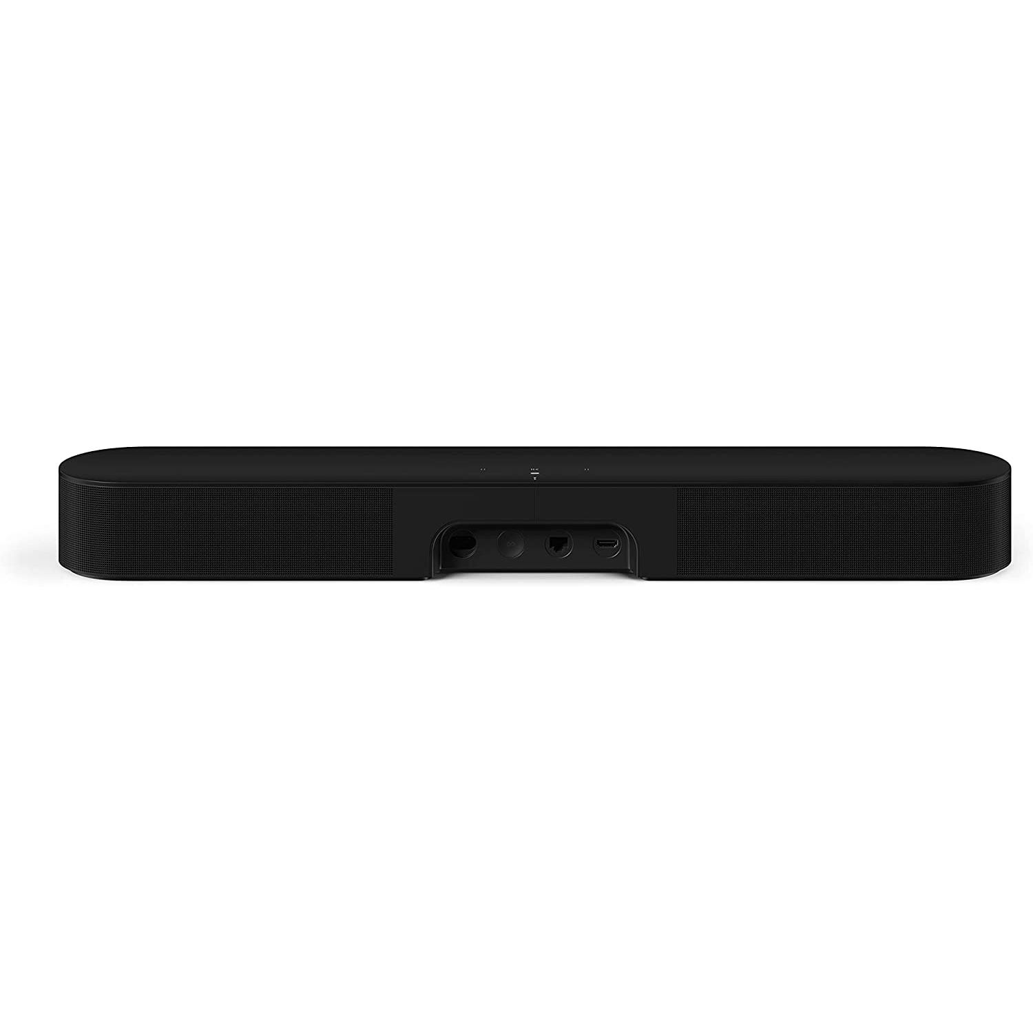 Barra de sonido negra con una parte delantera y trasera enrejada, diseño sencillo.