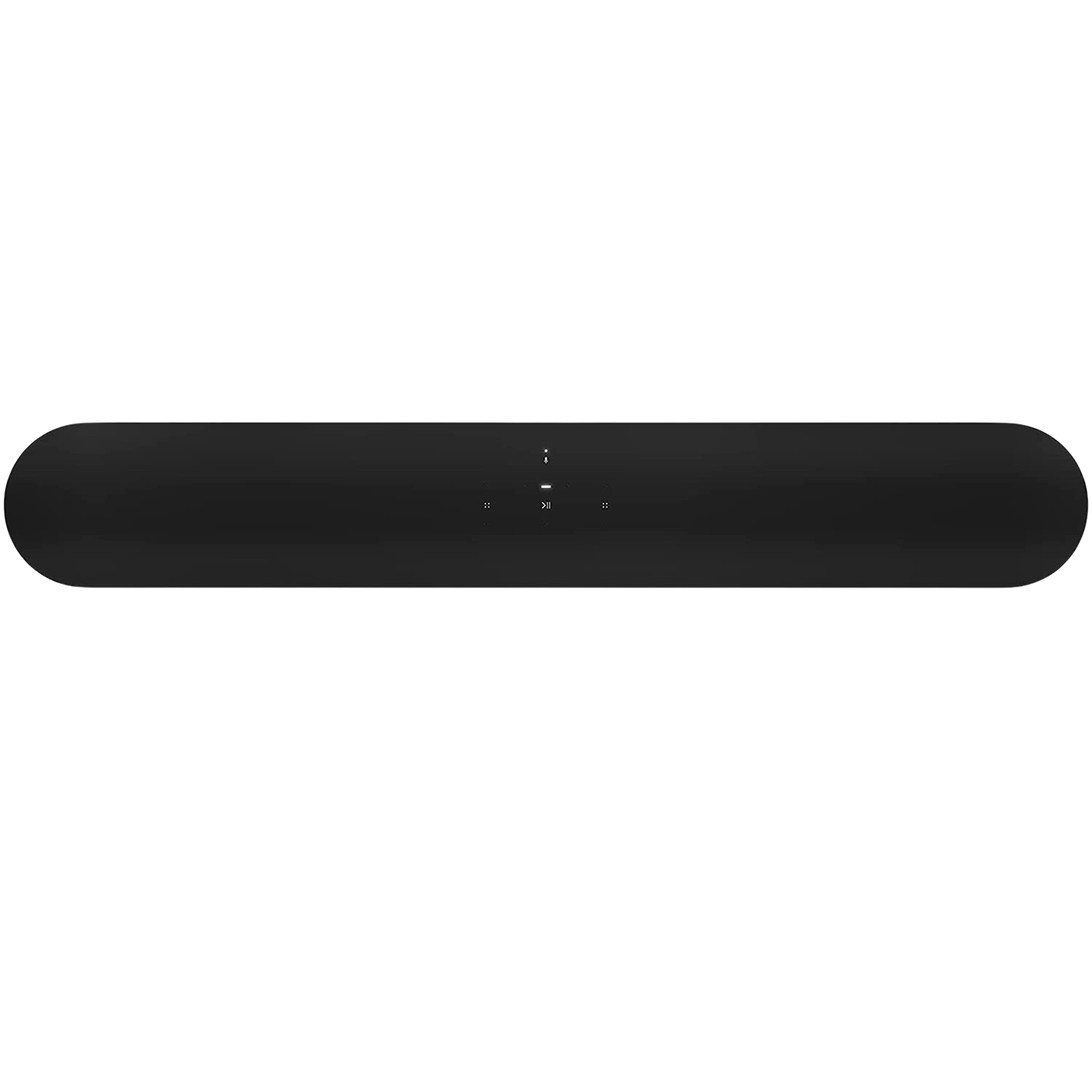 Barra de sonido Sonos negra sobre fondo negro. Diseño simple con pocos botones.